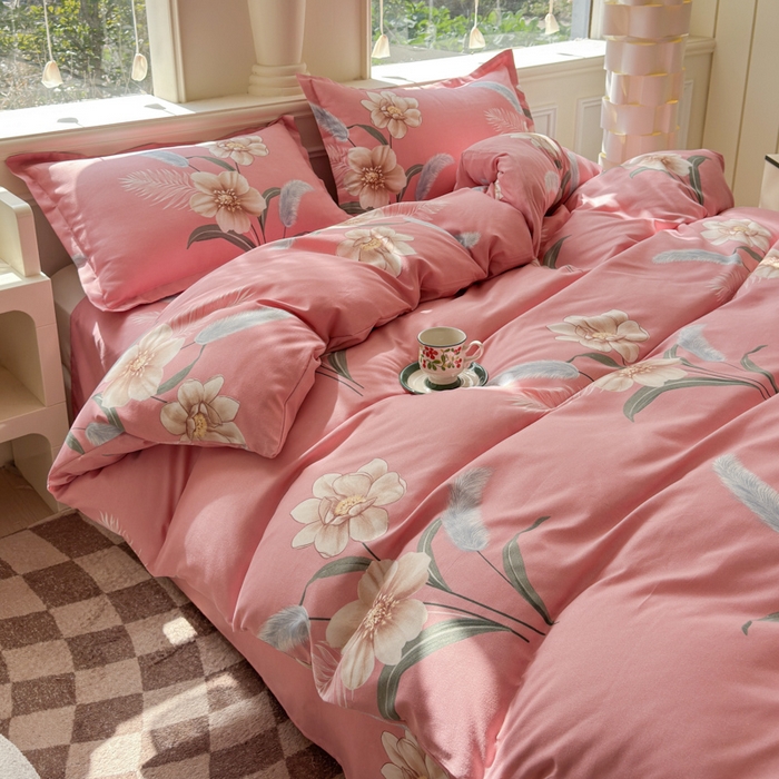 91家纺网 家纺一手货源 找家纺 佑佳2024新款140克磨毛印花植物羊绒四件套直播 醉恋一生-粉