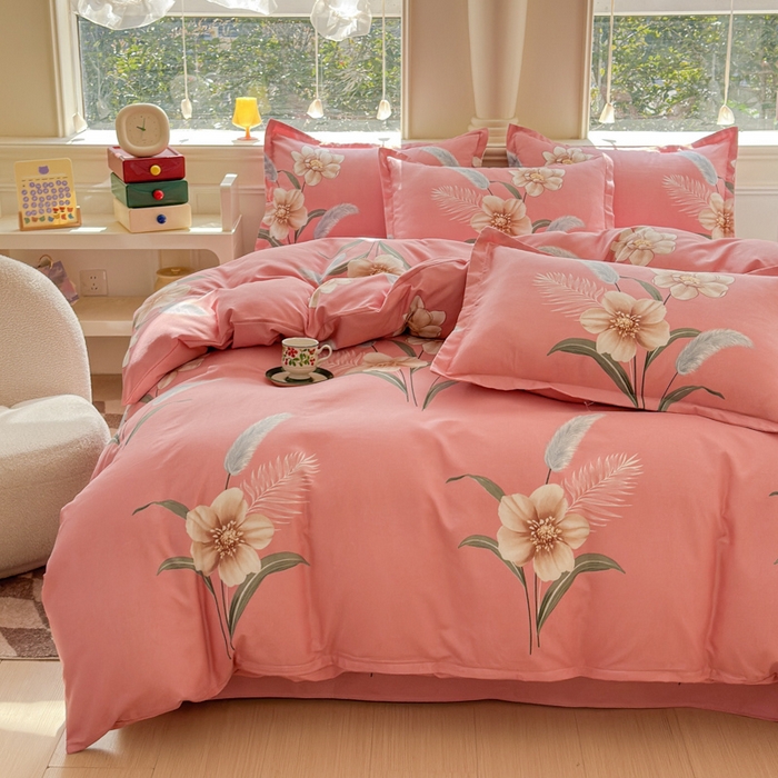 91家纺网 家纺一手货源 找家纺 佑佳2024新款140克磨毛印花植物羊绒四件套直播 醉恋一生-粉