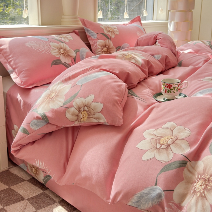 91家纺网 家纺一手货源 找家纺 佑佳2024新款140克磨毛印花植物羊绒四件套直播 醉恋一生-粉