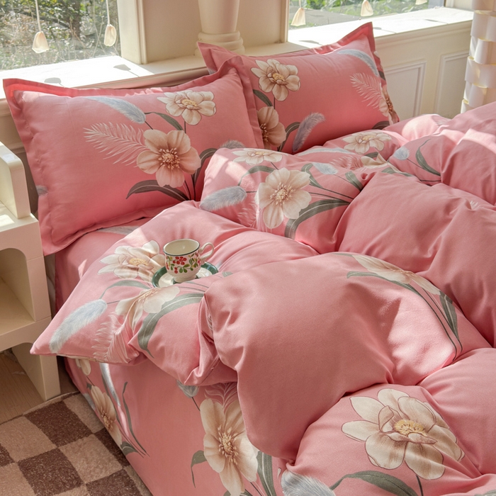 91家纺网 家纺一手货源 找家纺 佑佳2024新款140克磨毛印花植物羊绒四件套直播 醉恋一生-粉