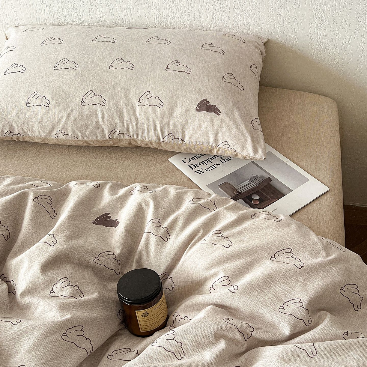 91家纺网 家纺一手货源 找家纺 恋之语 2026新款水洗色织提花工艺系列四件套（量大从优） 蘑菇兔-咖