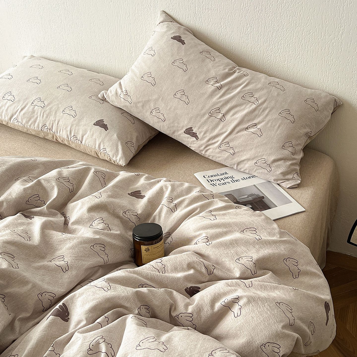 91家纺网 家纺一手货源 找家纺 恋之语 2026新款水洗色织提花工艺系列四件套（量大从优） 蘑菇兔-咖