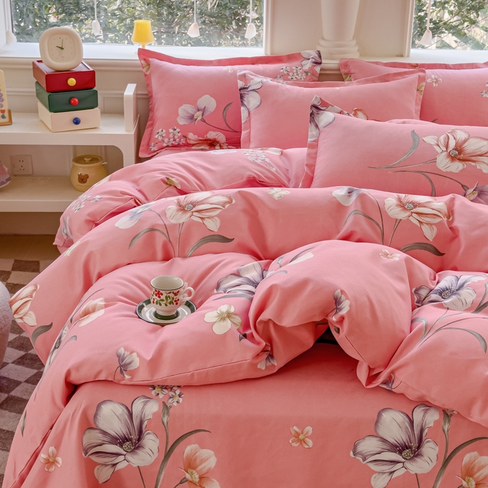 91家纺网 家纺一手货源 找家纺 佑佳家纺 2024新款磨毛印花植物羊绒单被套 那时花开-粉