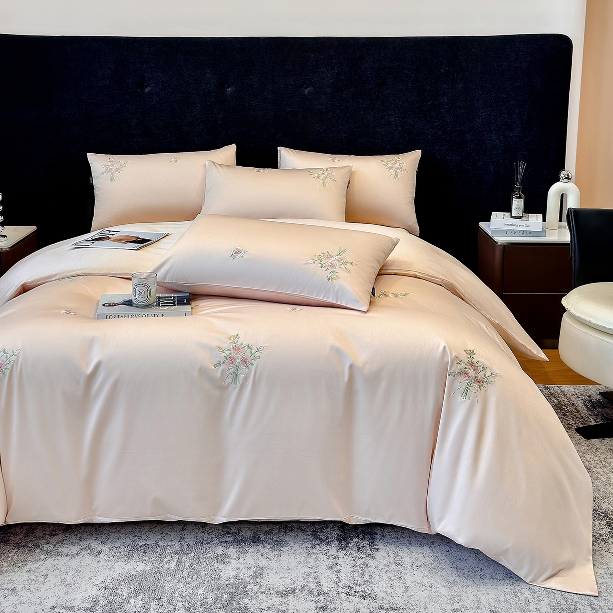 91家纺网 家纺一手货源 找家纺 （总）莱势 2026新品100支纯棉全棉50x50s贡缎长绒棉刺绣绣花四件套高端礼盒-花影