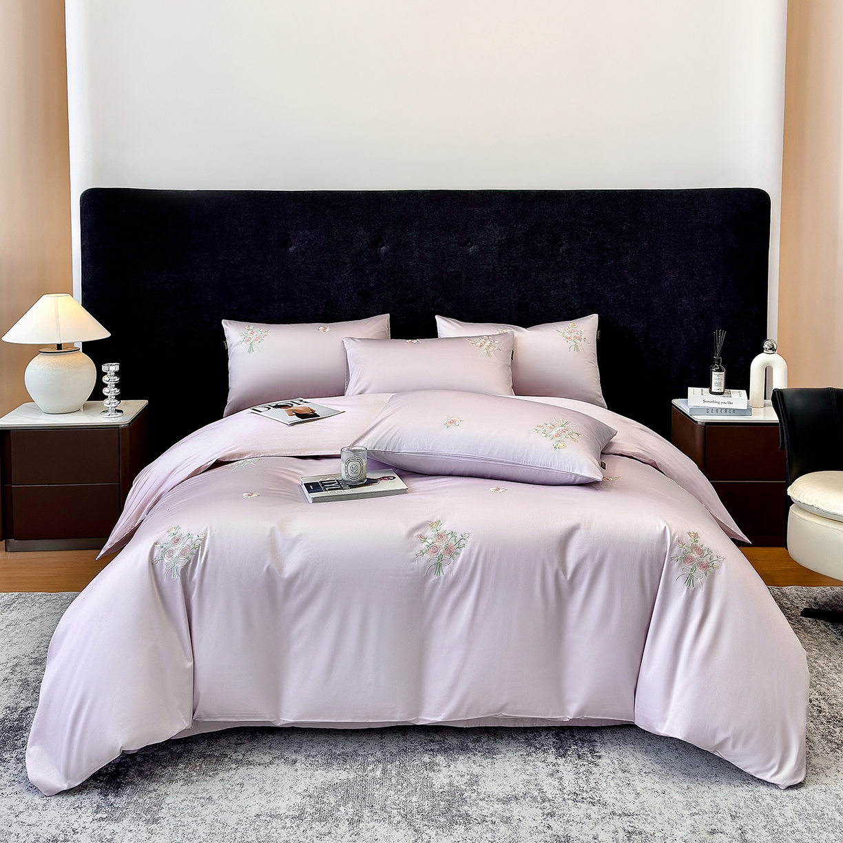 91家纺网 家纺一手货源 找家纺 莱势 2026新品100支纯棉全棉50x50s贡缎长绒棉刺绣绣花四件套高端礼盒-花影 花影-香芋紫