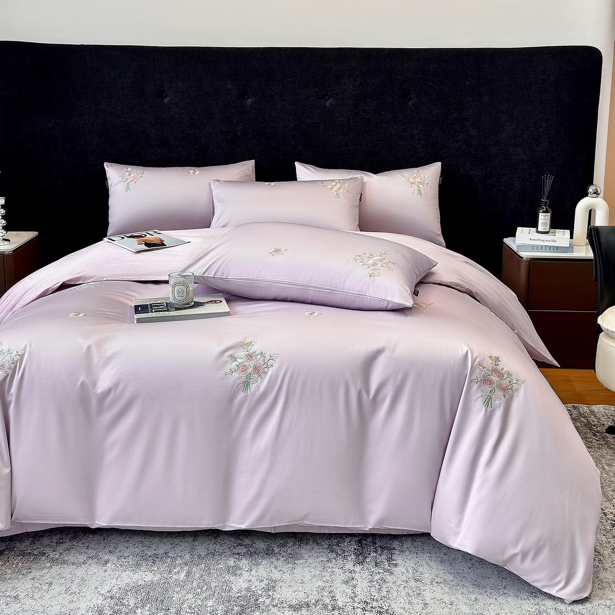 91家纺网 家纺一手货源 找家纺 莱势 2026新品100支纯棉全棉50x50s贡缎长绒棉刺绣绣花四件套高端礼盒-花影 花影-香芋紫