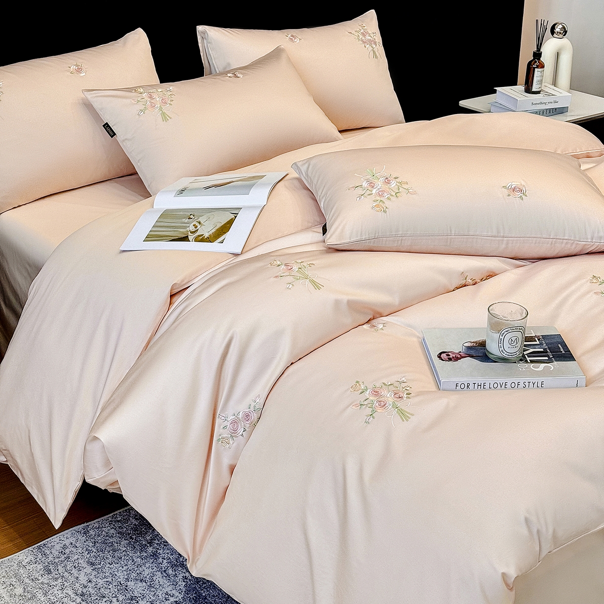 莱势 2026新品100支纯棉全棉50x50s贡缎长绒棉刺绣绣花四件套高端礼盒-花影 花影-轻奢粉