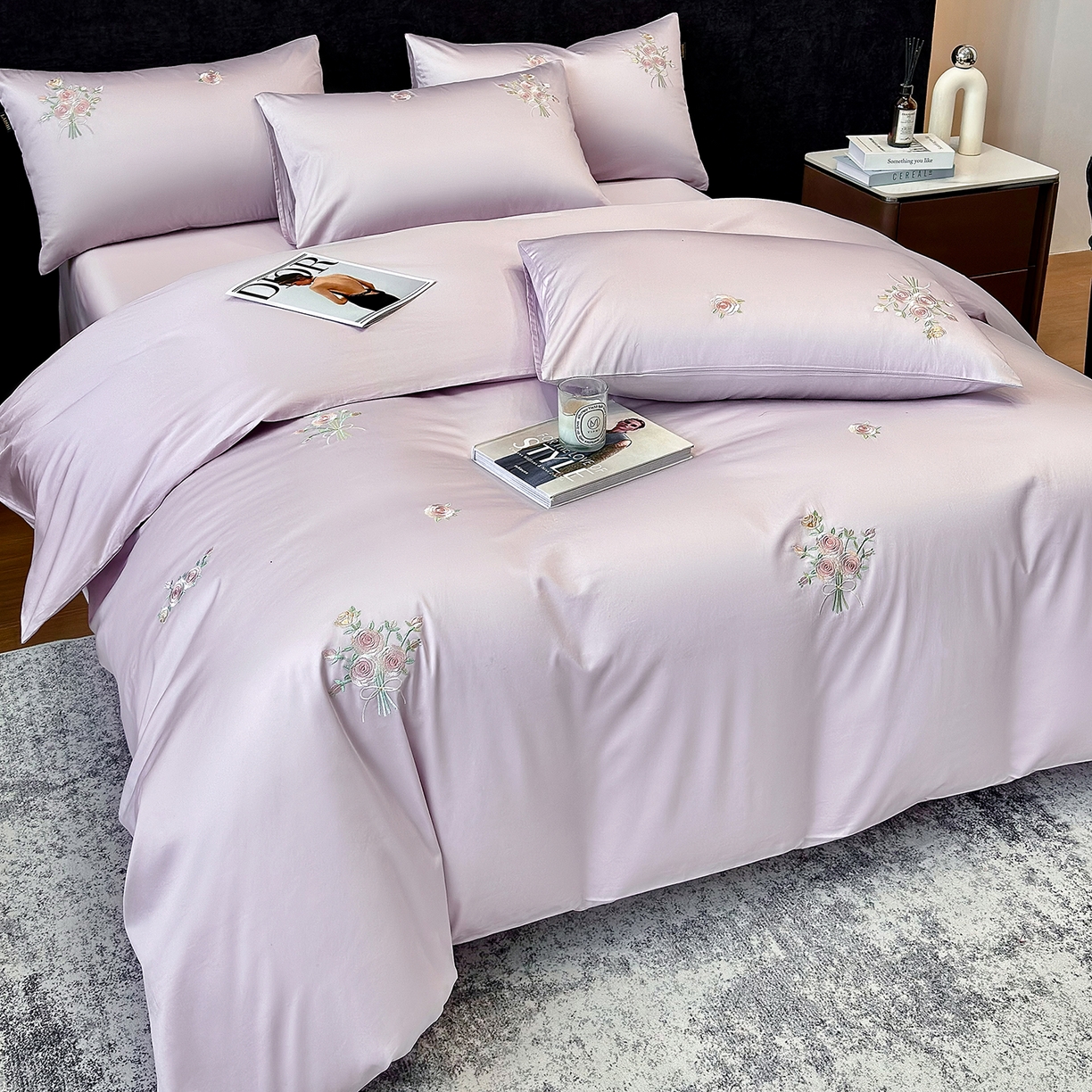 91家纺网 家纺一手货源 找家纺 莱势 2026新品100支纯棉全棉50x50s贡缎长绒棉刺绣绣花四件套高端礼盒-花影 花影-香芋紫