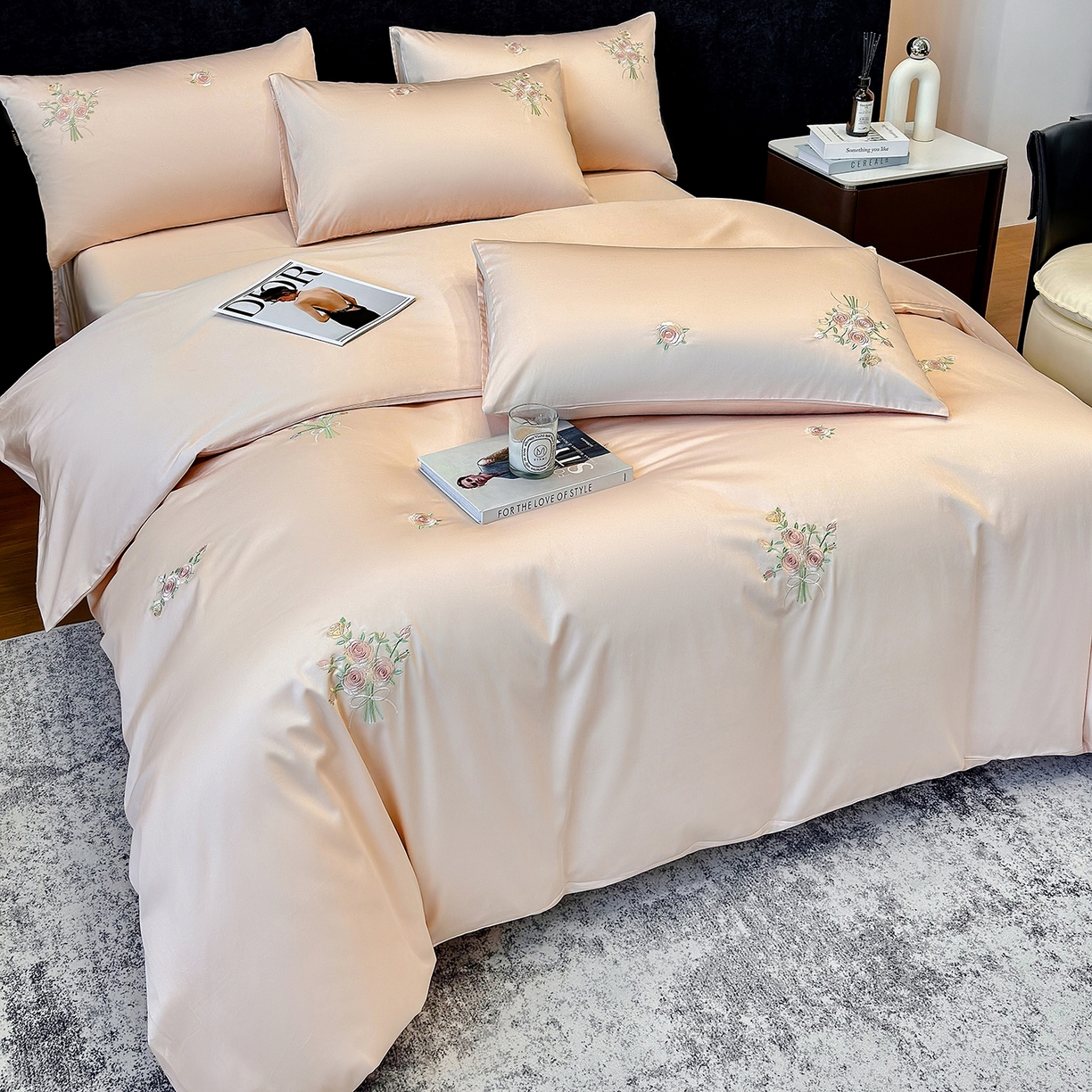 91家纺网 家纺一手货源 找家纺 莱势 2026新品100支纯棉全棉50x50s贡缎长绒棉刺绣绣花四件套高端礼盒-花影 花影-轻奢粉