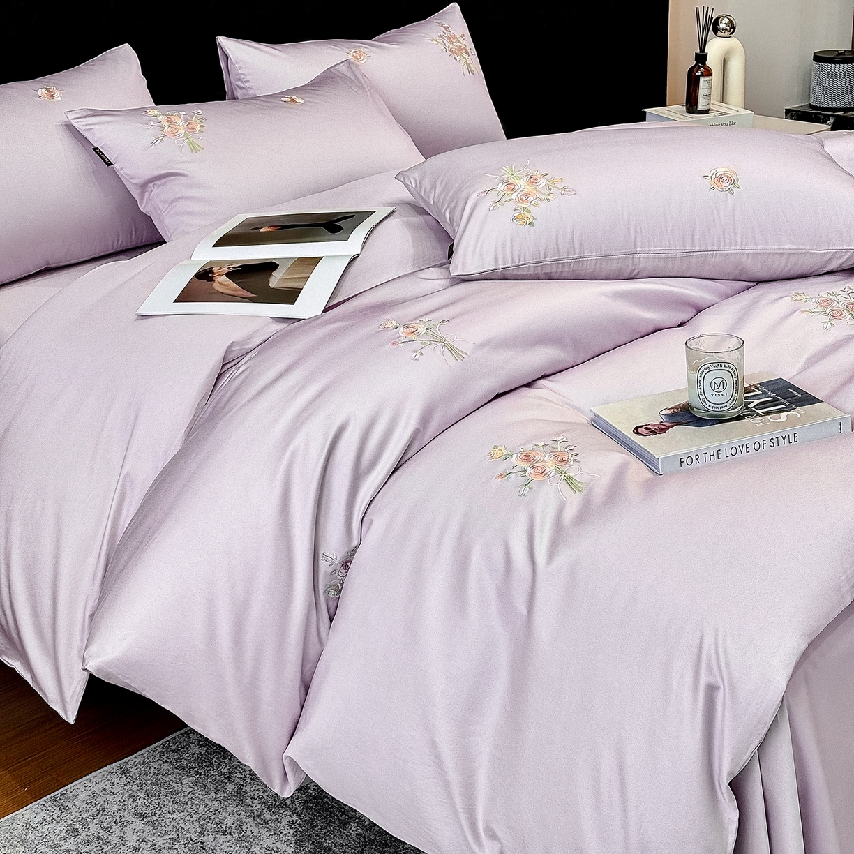 莱势 2026新品100支纯棉全棉50x50s贡缎长绒棉刺绣绣花四件套高端礼盒-花影 花影-香芋紫