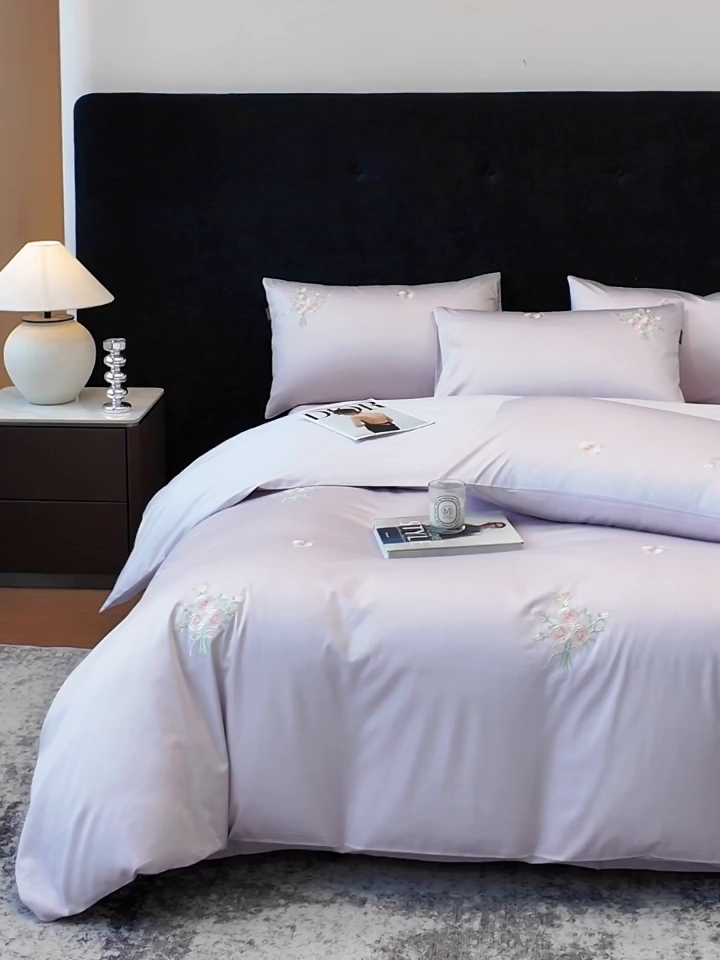 91家纺网 家纺一手货源 找家纺 莱势 2026新品100支纯棉全棉50x50s贡缎长绒棉刺绣绣花四件套高端礼盒-花影 花影-香芋紫