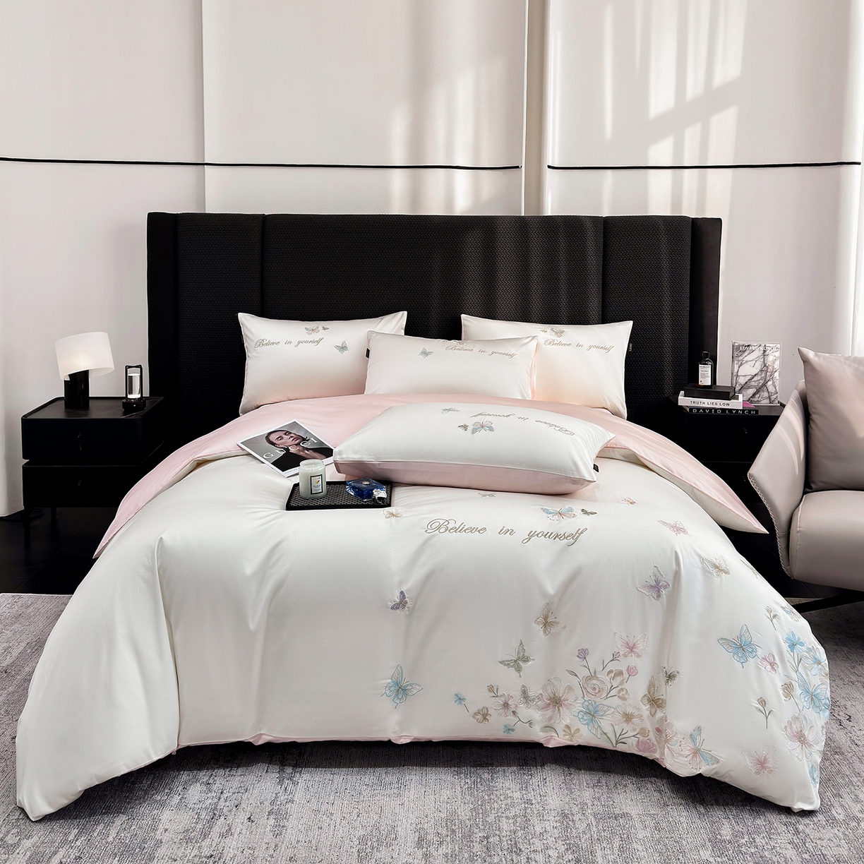 91家纺网 家纺一手货源 找家纺 （总）莱势 2026新品100支纯棉全棉50x50s贡缎长绒棉刺绣绣花四件套高端礼盒-蝴蝶泉边