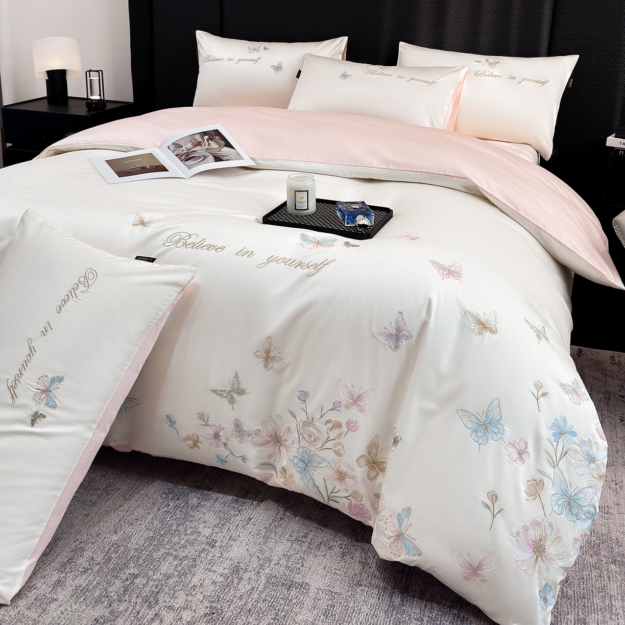 91家纺网 家纺一手货源 找家纺 （总）莱势 2026新品100支纯棉全棉50x50s贡缎长绒棉刺绣绣花四件套高端礼盒-蝴蝶泉边