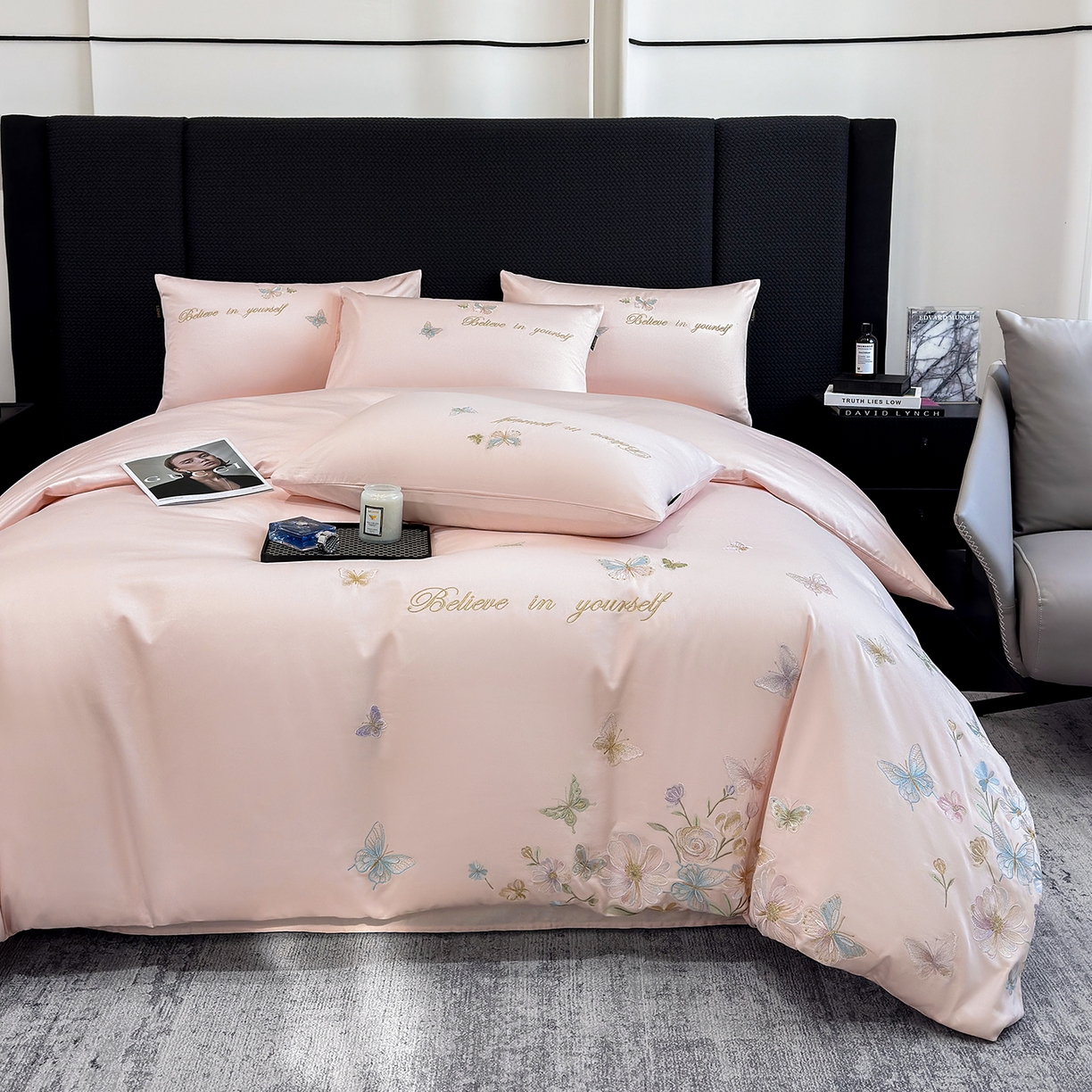 91家纺网 家纺一手货源 找家纺 莱势 2026新品100支纯棉全棉50x50s贡缎长绒棉刺绣绣花四件套高端礼盒-蝴蝶泉边 蝴蝶泉边-轻奢粉