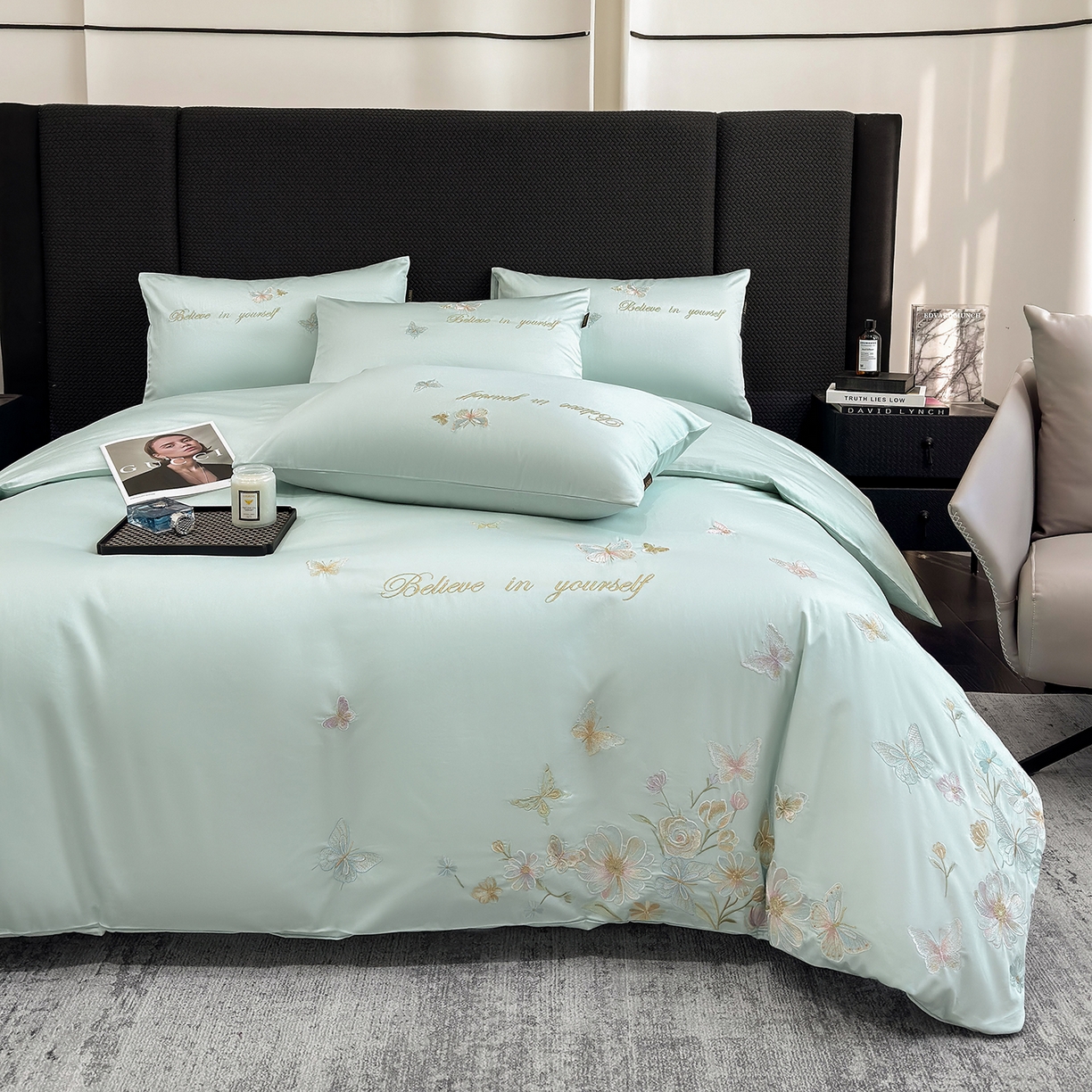 91家纺网 家纺一手货源 找家纺 莱势 2026新品100支纯棉全棉50x50s贡缎长绒棉刺绣绣花四件套高端礼盒-蝴蝶泉边 蝴蝶泉边-清新绿