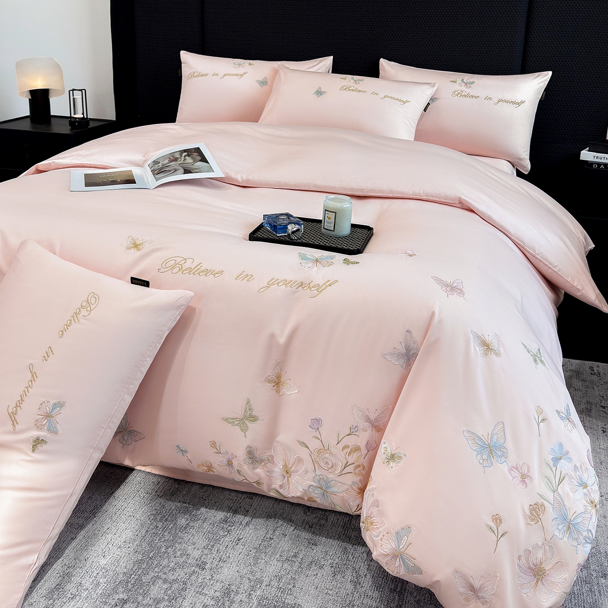 莱势 2026新品100支纯棉全棉50x50s贡缎长绒棉刺绣绣花四件套高端礼盒-蝴蝶泉边 蝴蝶泉边-轻奢粉