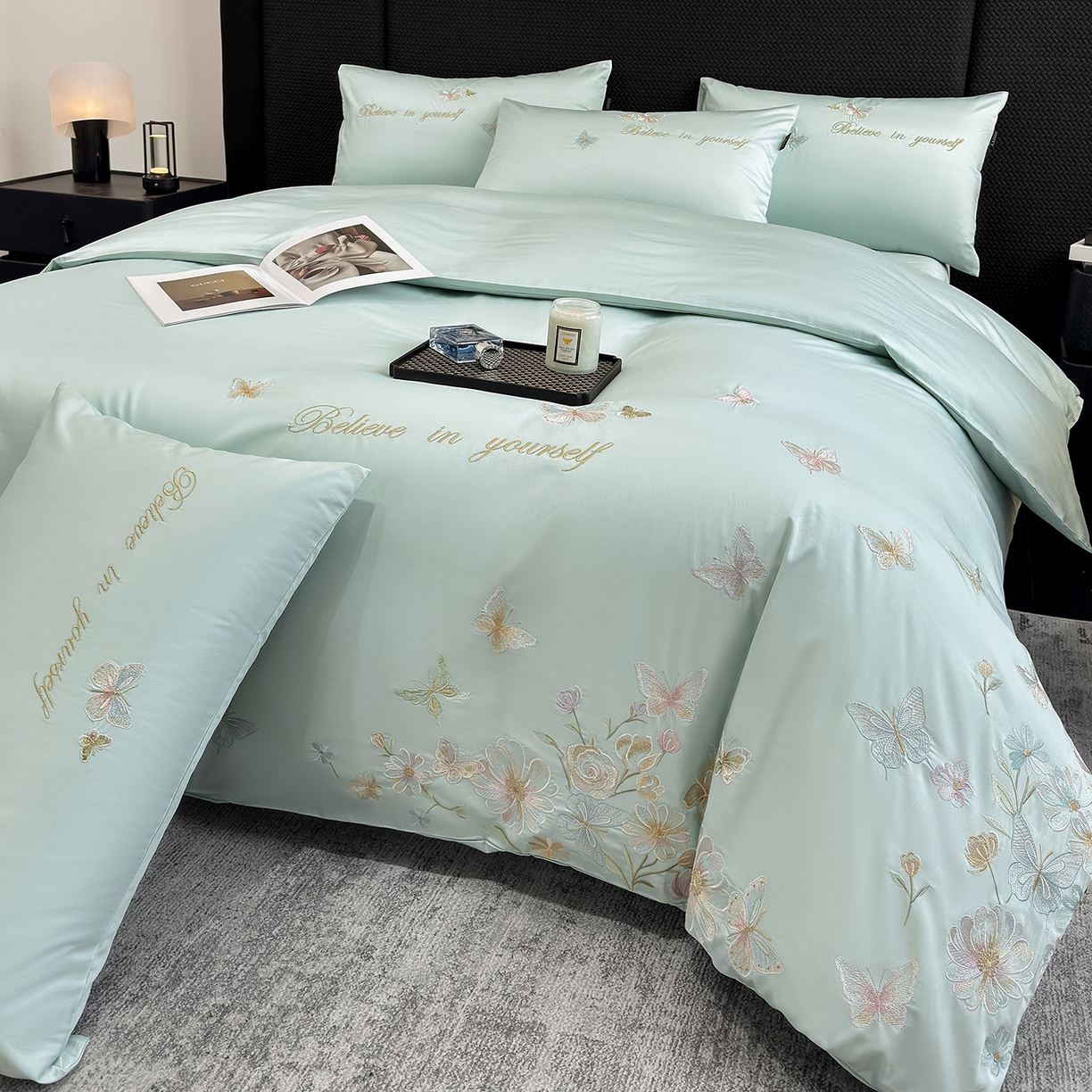 莱势 2026新品100支纯棉全棉50x50s贡缎长绒棉刺绣绣花四件套高端礼盒-蝴蝶泉边 蝴蝶泉边-清新绿