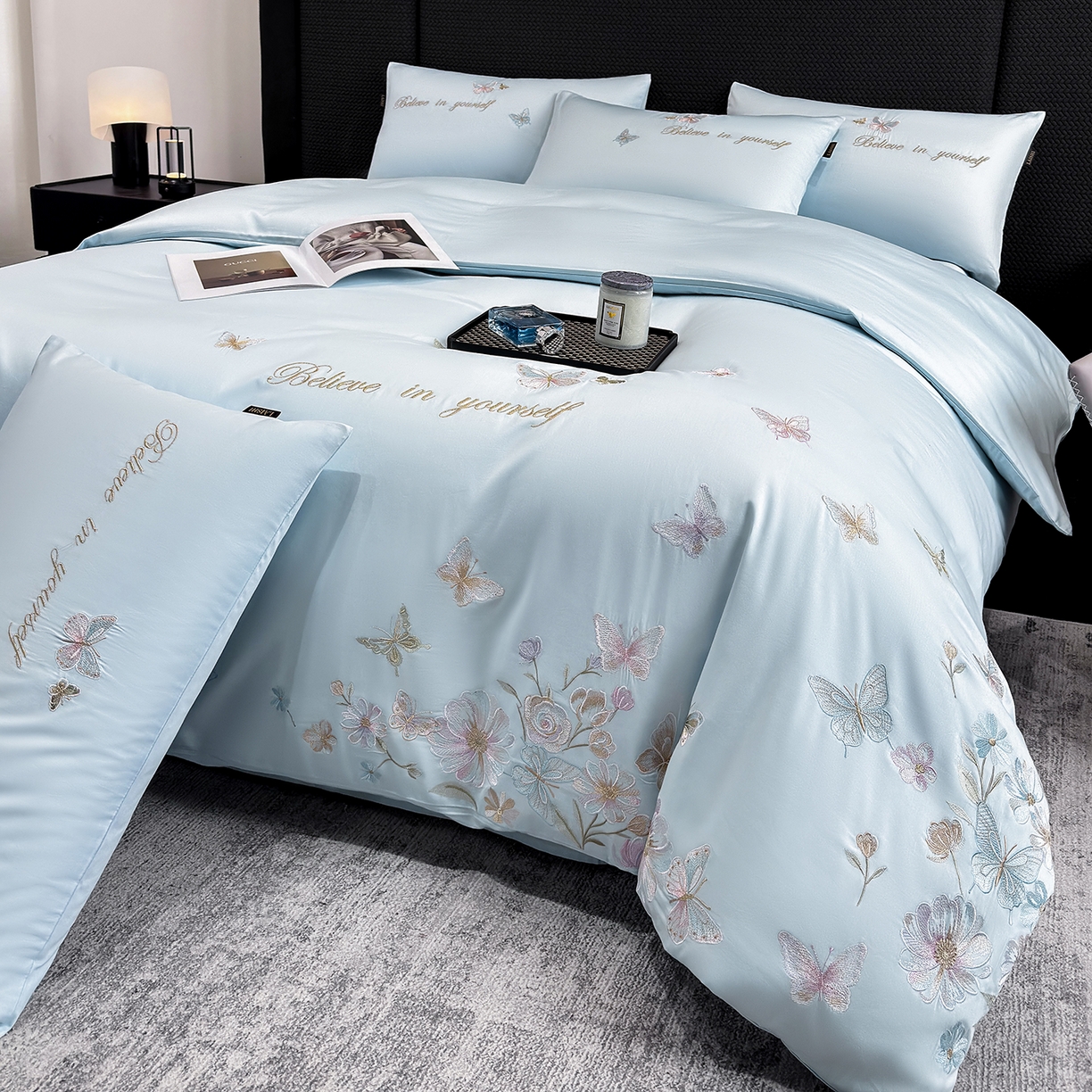 莱势 2026新品100支纯棉全棉50x50s贡缎长绒棉刺绣绣花四件套高端礼盒-蝴蝶泉边 蝴蝶泉边-天空蓝