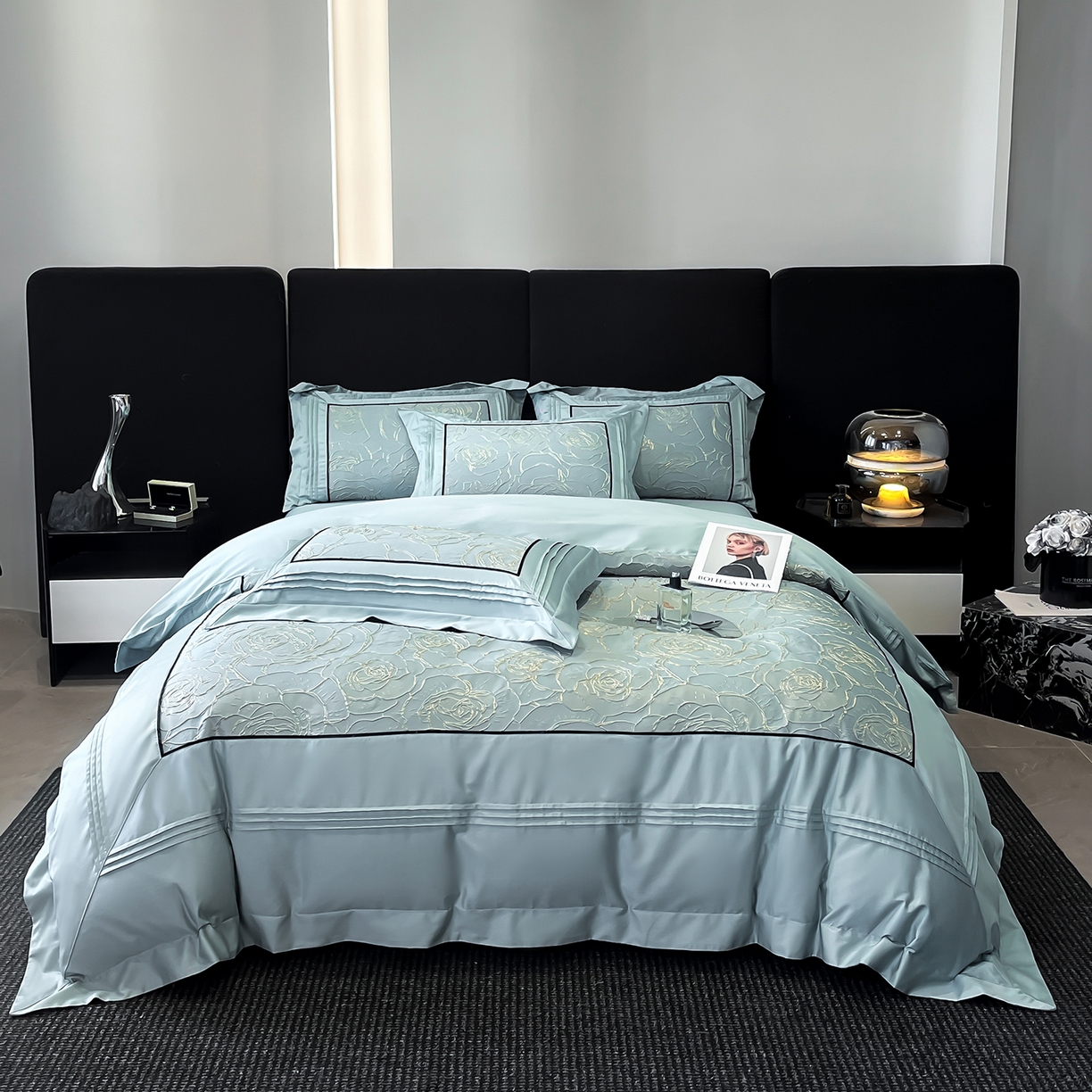 91家纺网 家纺一手货源 找家纺 置顶家纺 2026新款亲肤棉玫瑰刺绣提花卡罗拉系列四件套 卡罗拉-天空蓝