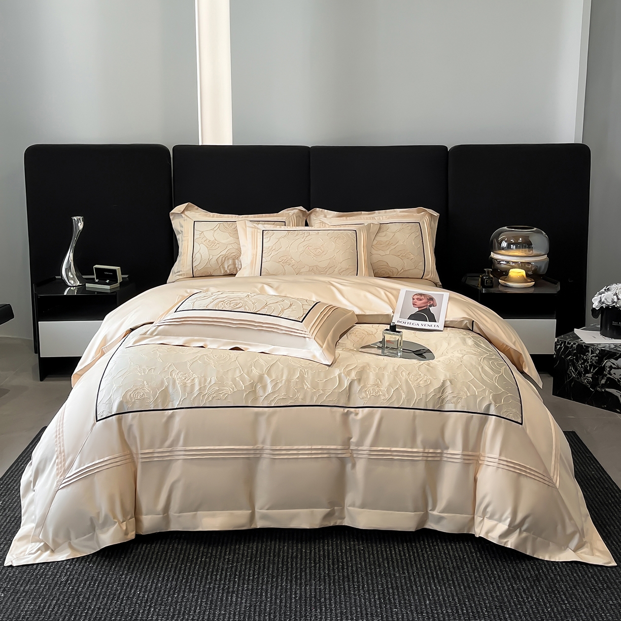 91家纺网 家纺一手货源 找家纺 置顶家纺 2026新款亲肤棉玫瑰刺绣提花卡罗拉系列四件套 卡罗拉-浅香槟