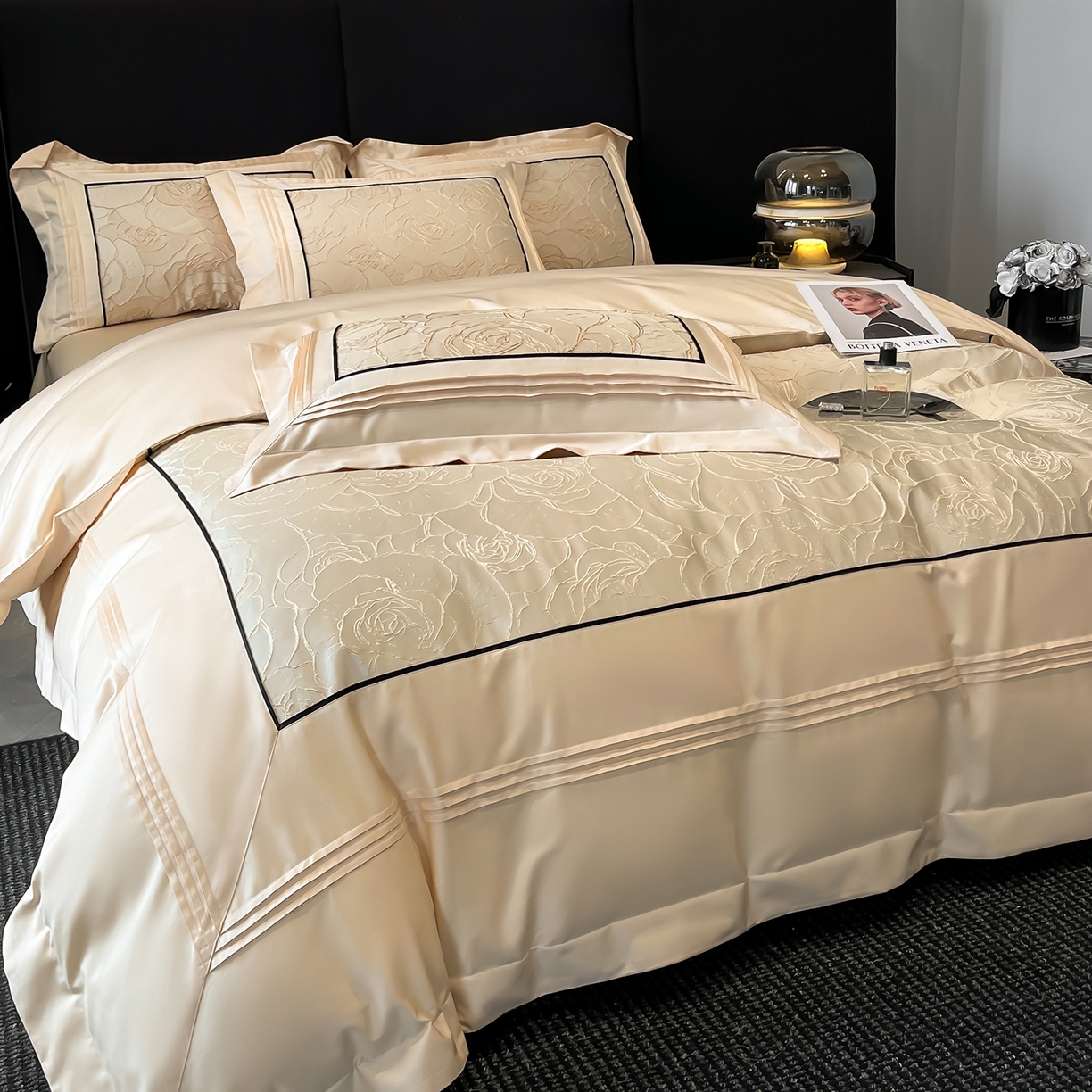 91家纺网 家纺一手货源 找家纺 置顶家纺 2026新款亲肤棉玫瑰刺绣提花卡罗拉系列四件套 卡罗拉-浅香槟