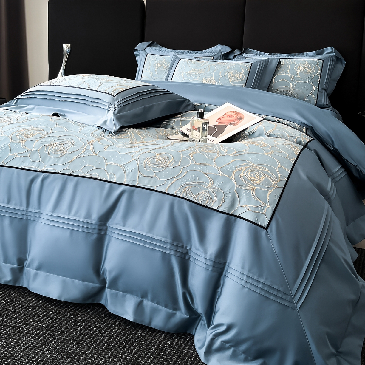 置顶家纺 2026新款亲肤棉玫瑰刺绣提花卡罗拉系列四件套 卡罗拉-碧蓝