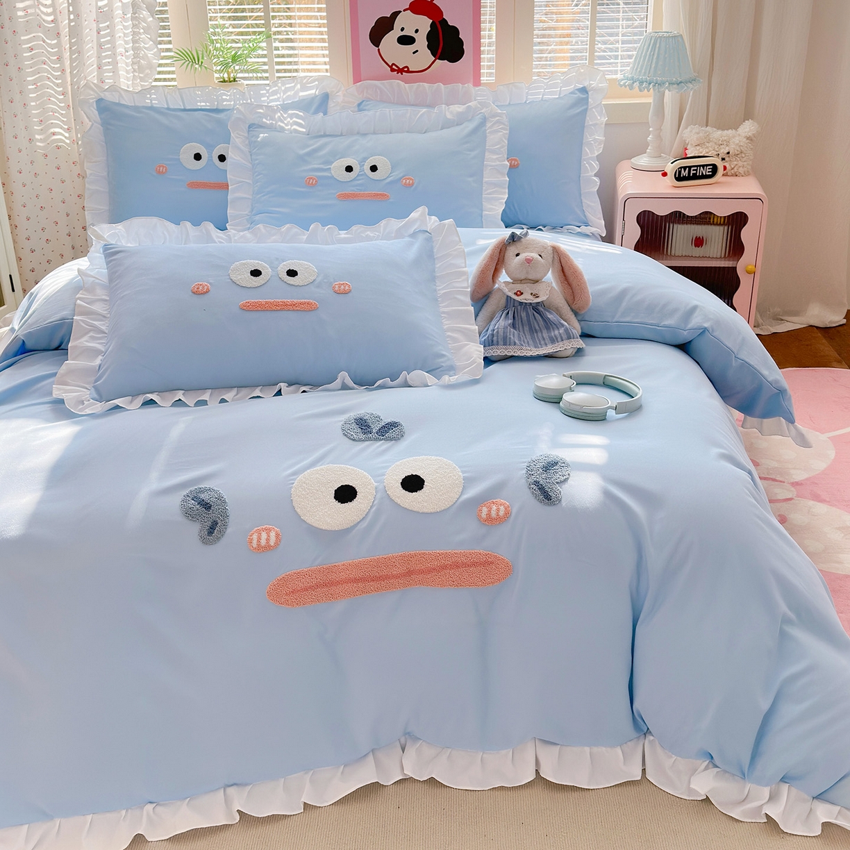 91家纺网 家纺一手货源 找家纺 易禾家纺 2026新款韩版卡通可爱风水洗棉毛巾绣四件套系列（专版花型） 大嘴鱼-浅蓝