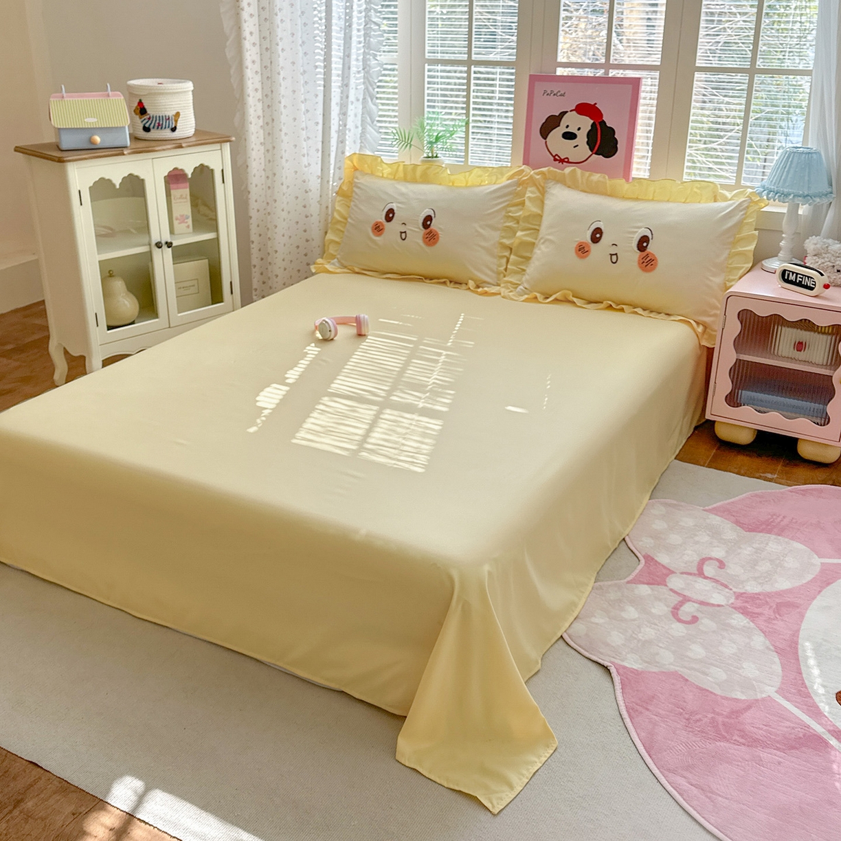 91家纺网 家纺一手货源 找家纺 易禾家纺 2026新款韩版卡通可爱风水洗棉毛巾绣四件套系列（专版花型） 星空梦-杏黄