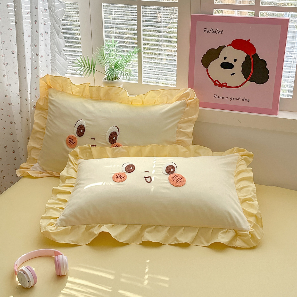 91家纺网 家纺一手货源 找家纺 易禾家纺 2026新款韩版卡通可爱风水洗棉毛巾绣四件套系列（专版花型） 星空梦-杏黄