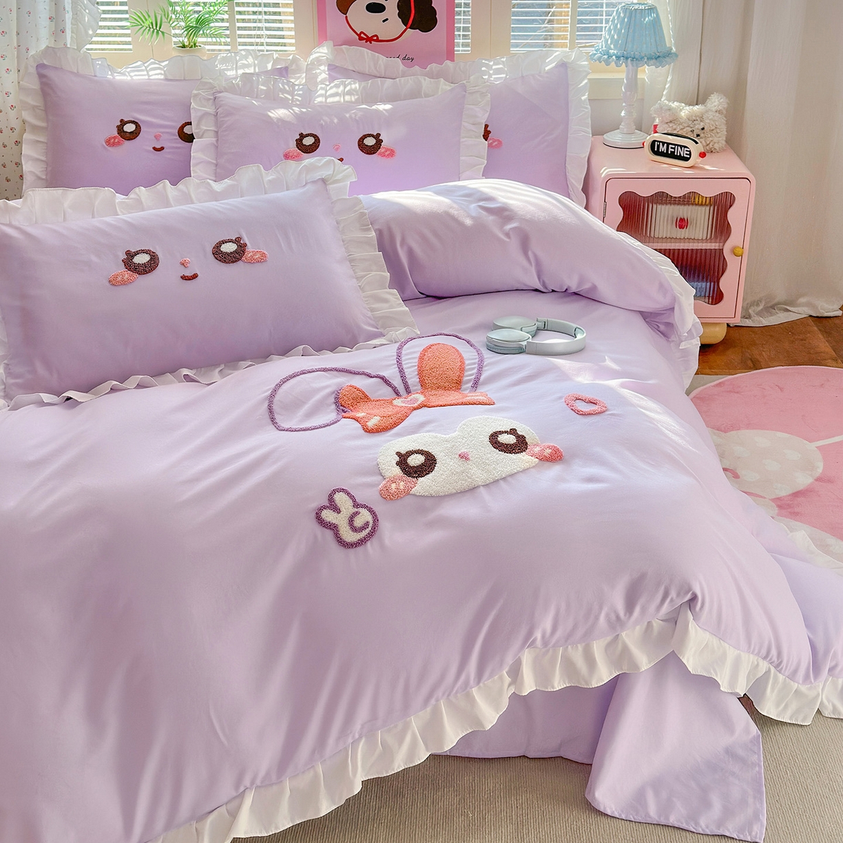 91家纺网 家纺一手货源 找家纺 易禾家纺 2026新款韩版卡通可爱风水洗棉毛巾绣四件套系列（专版花型） 大耳兔-浅紫