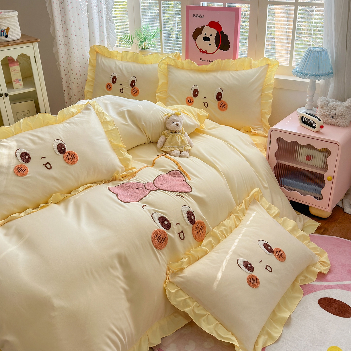 91家纺网 家纺一手货源 找家纺 易禾家纺 2026新款韩版卡通可爱风水洗棉毛巾绣四件套系列（专版花型） 星空梦-杏黄