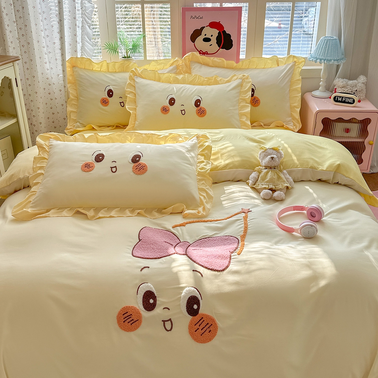 91家纺网 家纺一手货源 找家纺 易禾家纺 2026新款韩版卡通可爱风水洗棉毛巾绣四件套系列（专版花型） 星空梦-杏黄