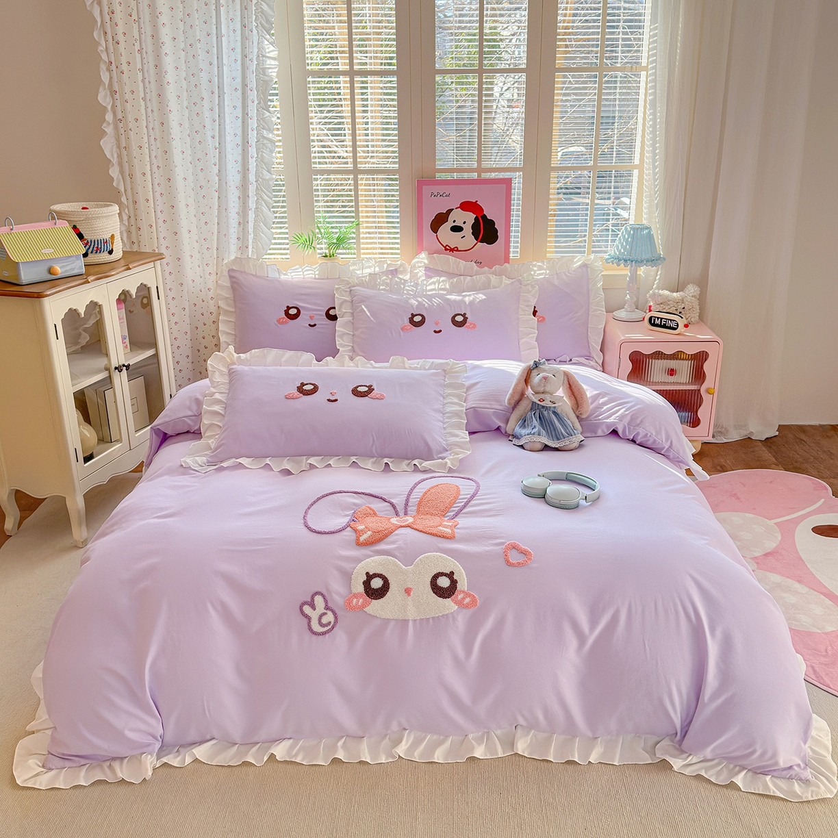 91家纺网 家纺一手货源 找家纺 易禾家纺 2026新款韩版卡通可爱风水洗棉毛巾绣四件套系列（专版花型） 大耳兔-浅紫