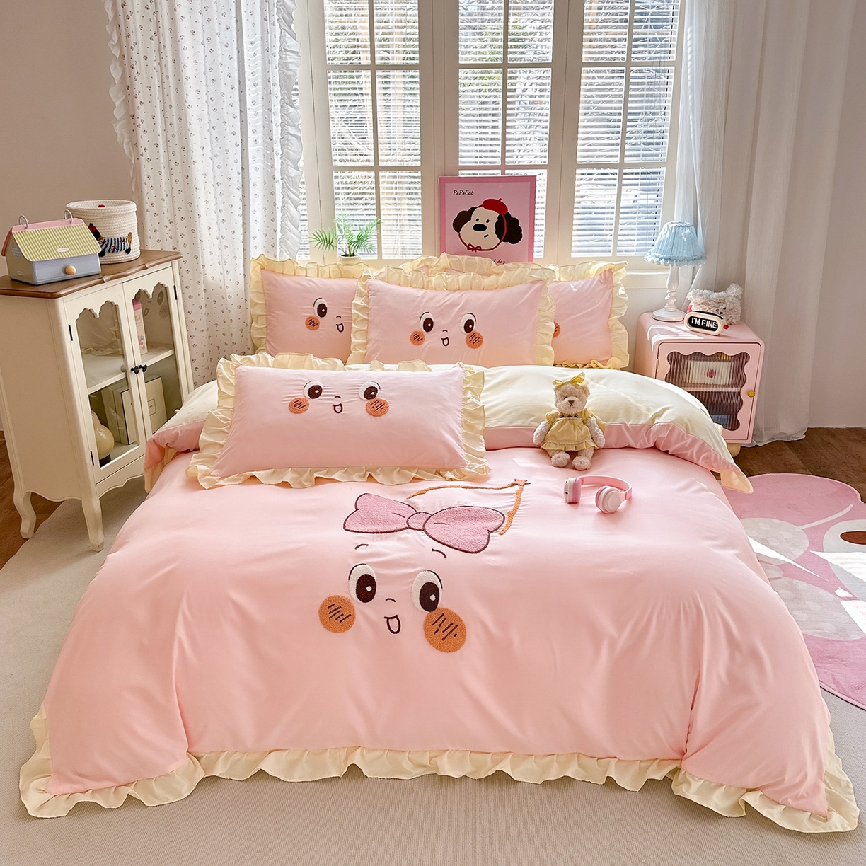 91家纺网 家纺一手货源 找家纺 易禾家纺 2026新款韩版卡通可爱风水洗棉毛巾绣四件套系列（专版花型） 星空梦-粉杏