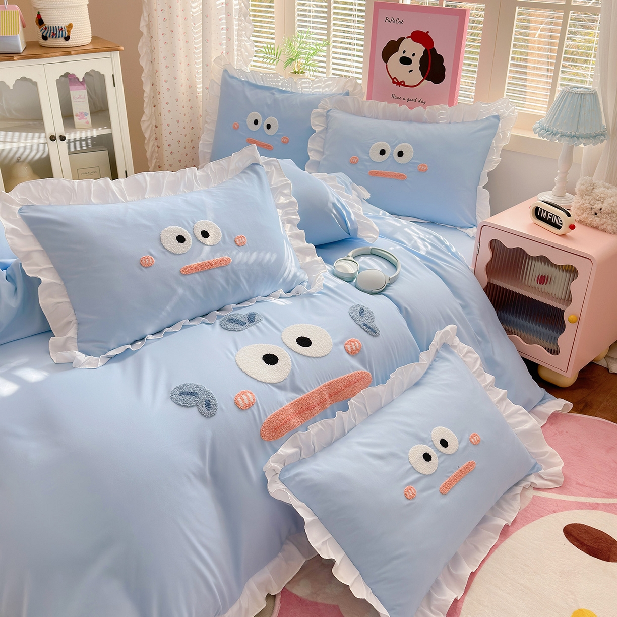 91家纺网 家纺一手货源 找家纺 易禾家纺 2026新款韩版卡通可爱风水洗棉毛巾绣四件套系列（专版花型） 大嘴鱼-浅蓝