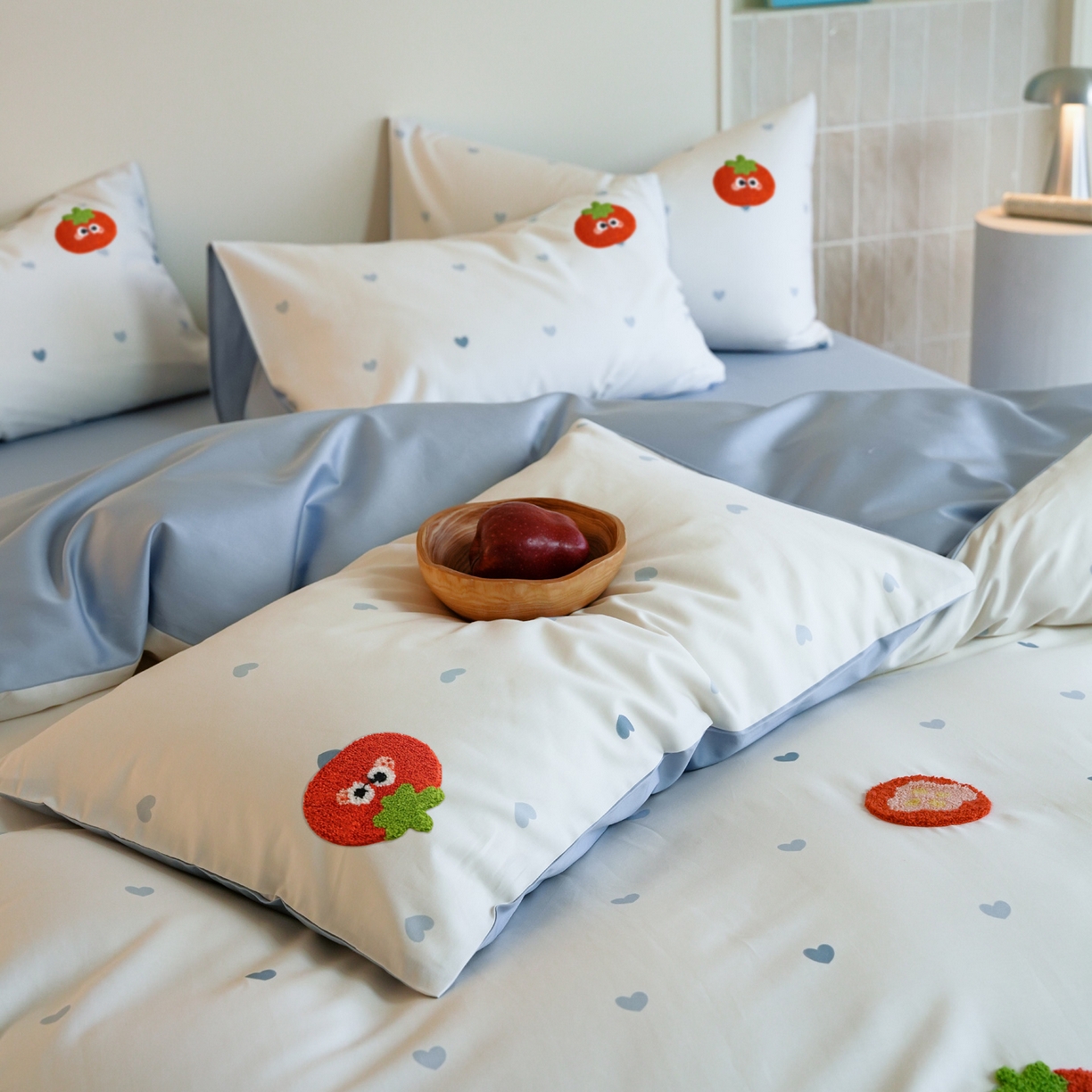 91家纺网 家纺一手货源 找家纺 雅居纺家纺 2026新款50长绒棉满版绣花四件套 爱心西红柿