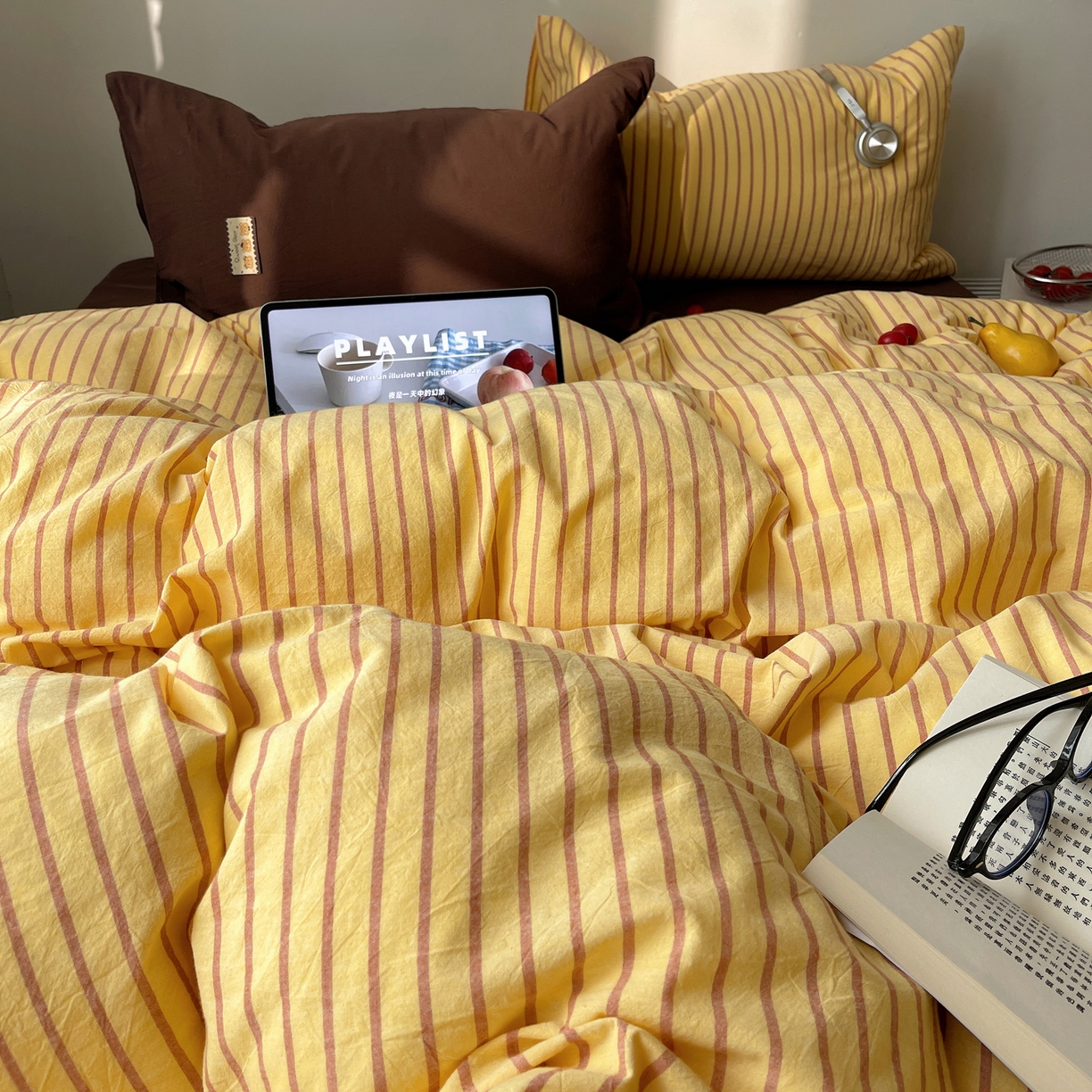 91家纺网 家纺一手货源 找家纺 雅居纺家纺 2026新款全棉色织混搭水洗棉四件套 雾屿-密黄