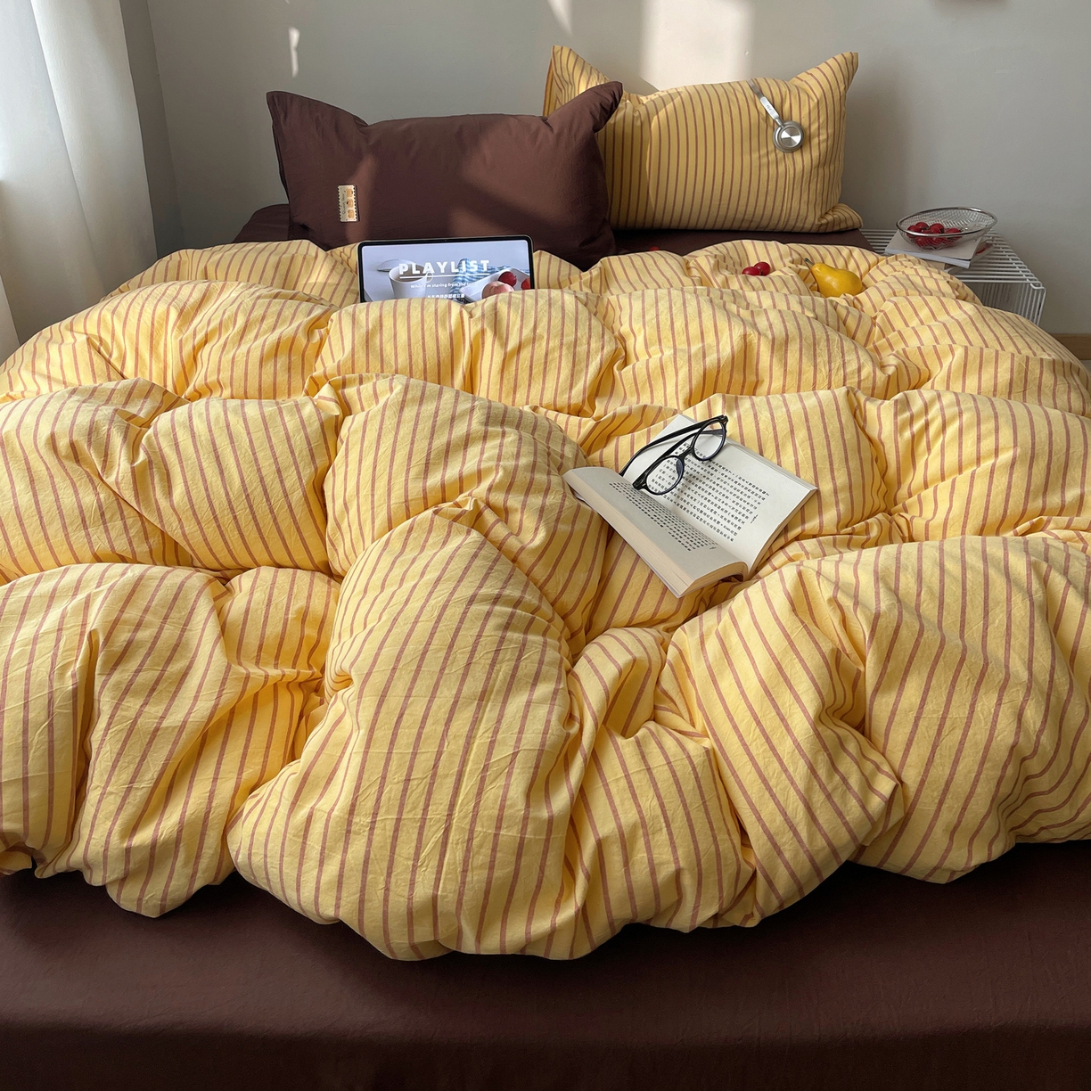 91家纺网 家纺一手货源 找家纺 雅居纺家纺 2026新款全棉色织混搭水洗棉四件套 雾屿-密黄