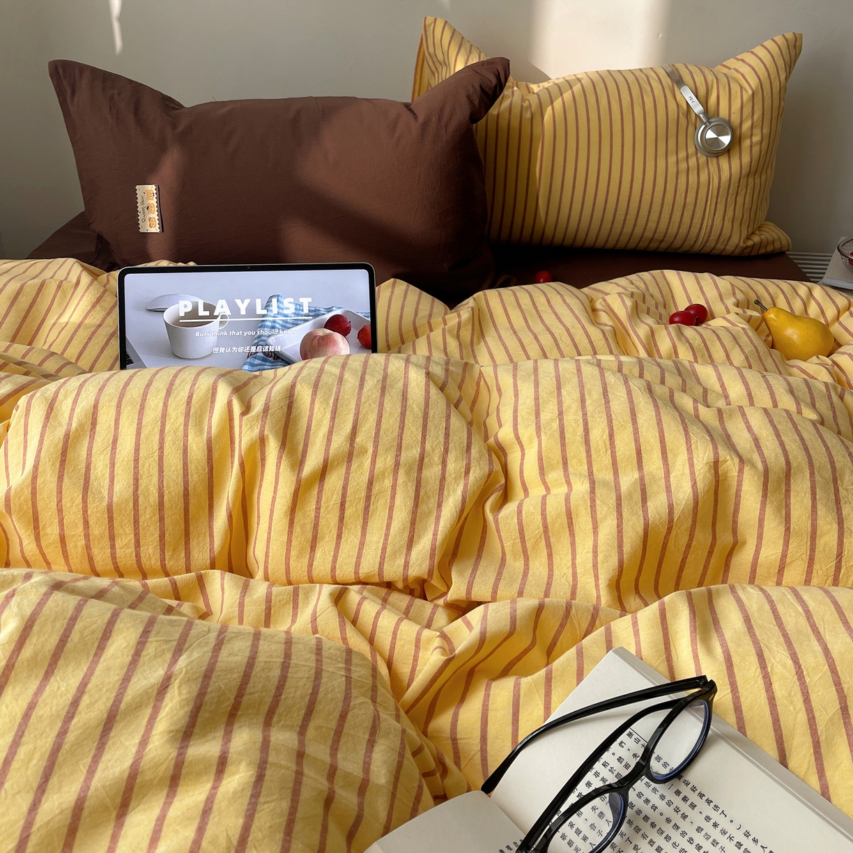 91家纺网 家纺一手货源 找家纺 雅居纺家纺 2026新款全棉色织混搭水洗棉四件套 雾屿-密黄