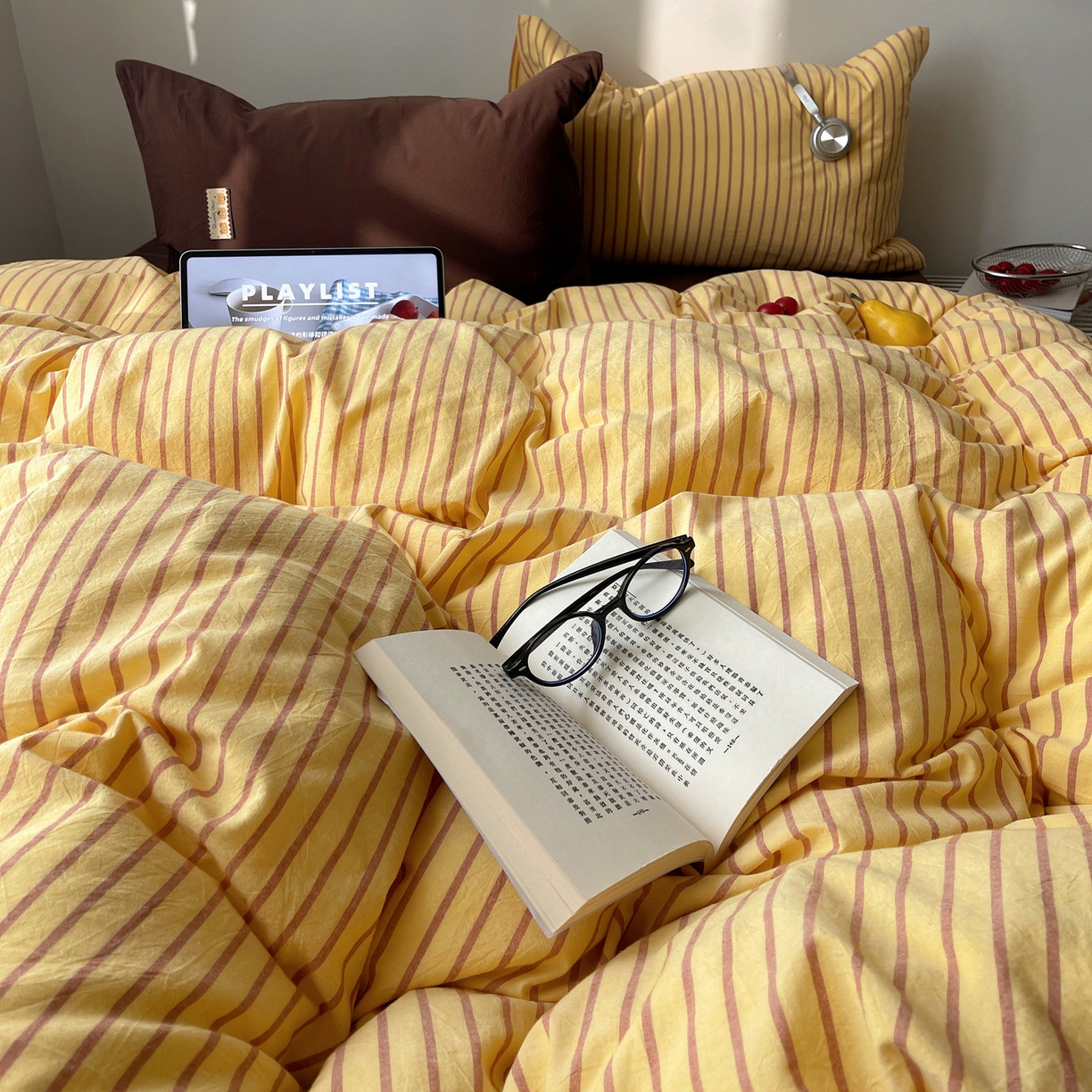 91家纺网 家纺一手货源 找家纺 雅居纺家纺 2026新款全棉色织混搭水洗棉四件套 雾屿-密黄