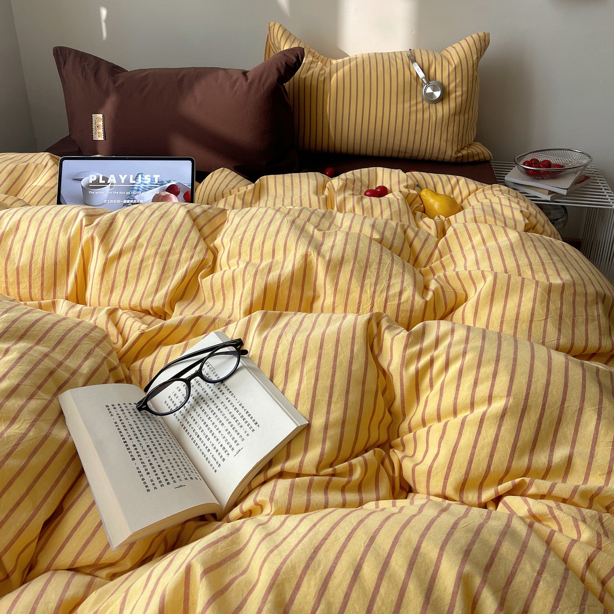 91家纺网 家纺一手货源 找家纺 雅居纺家纺 2026新款全棉色织混搭水洗棉四件套 雾屿-密黄