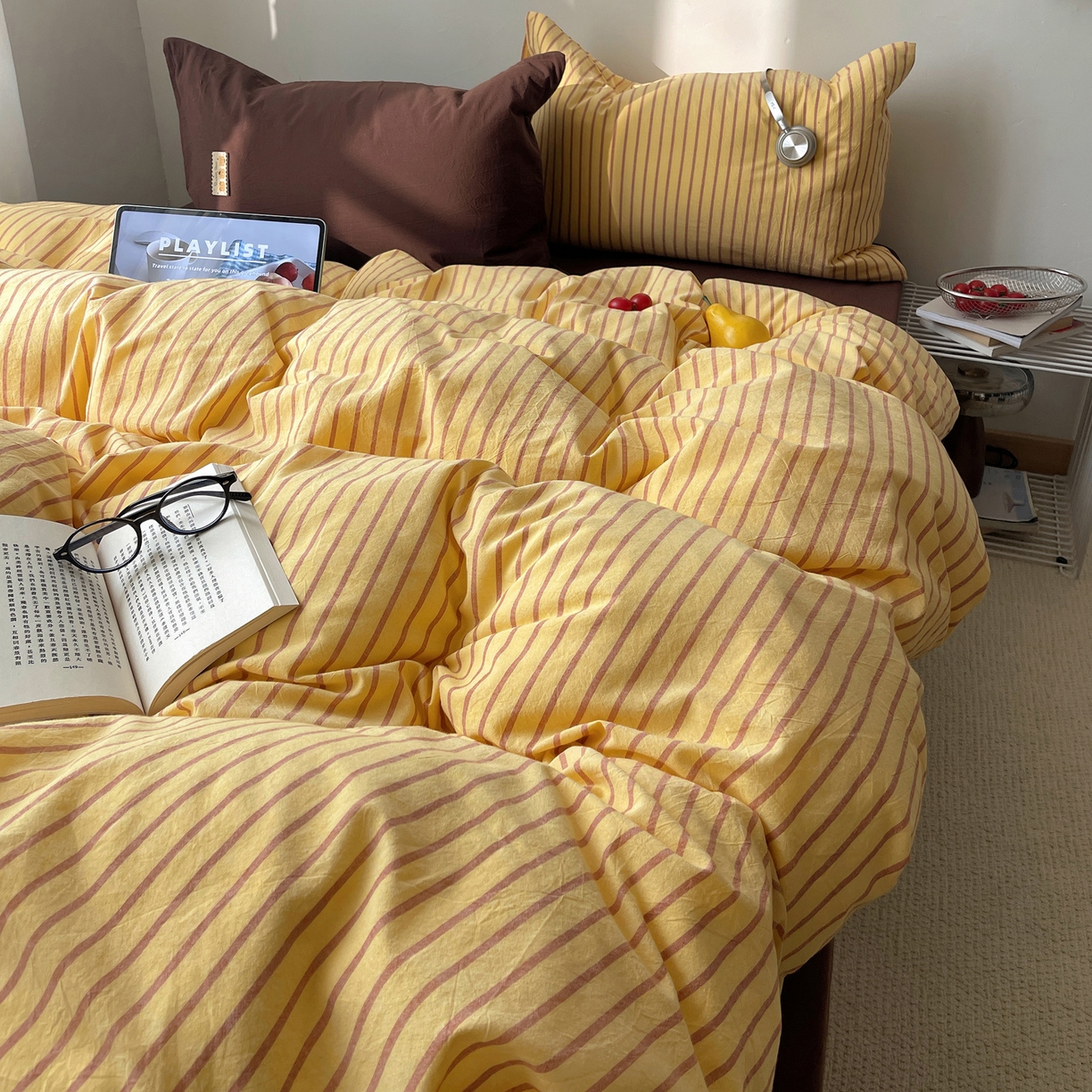 91家纺网 家纺一手货源 找家纺 雅居纺家纺 2026新款全棉色织混搭水洗棉四件套 雾屿-密黄