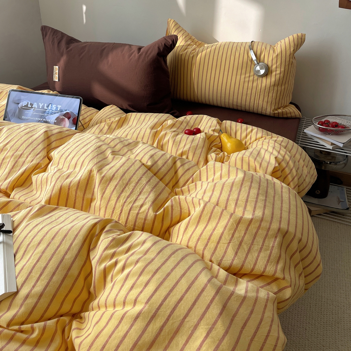 91家纺网 家纺一手货源 找家纺 雅居纺家纺 2026新款全棉色织混搭水洗棉四件套 雾屿-密黄