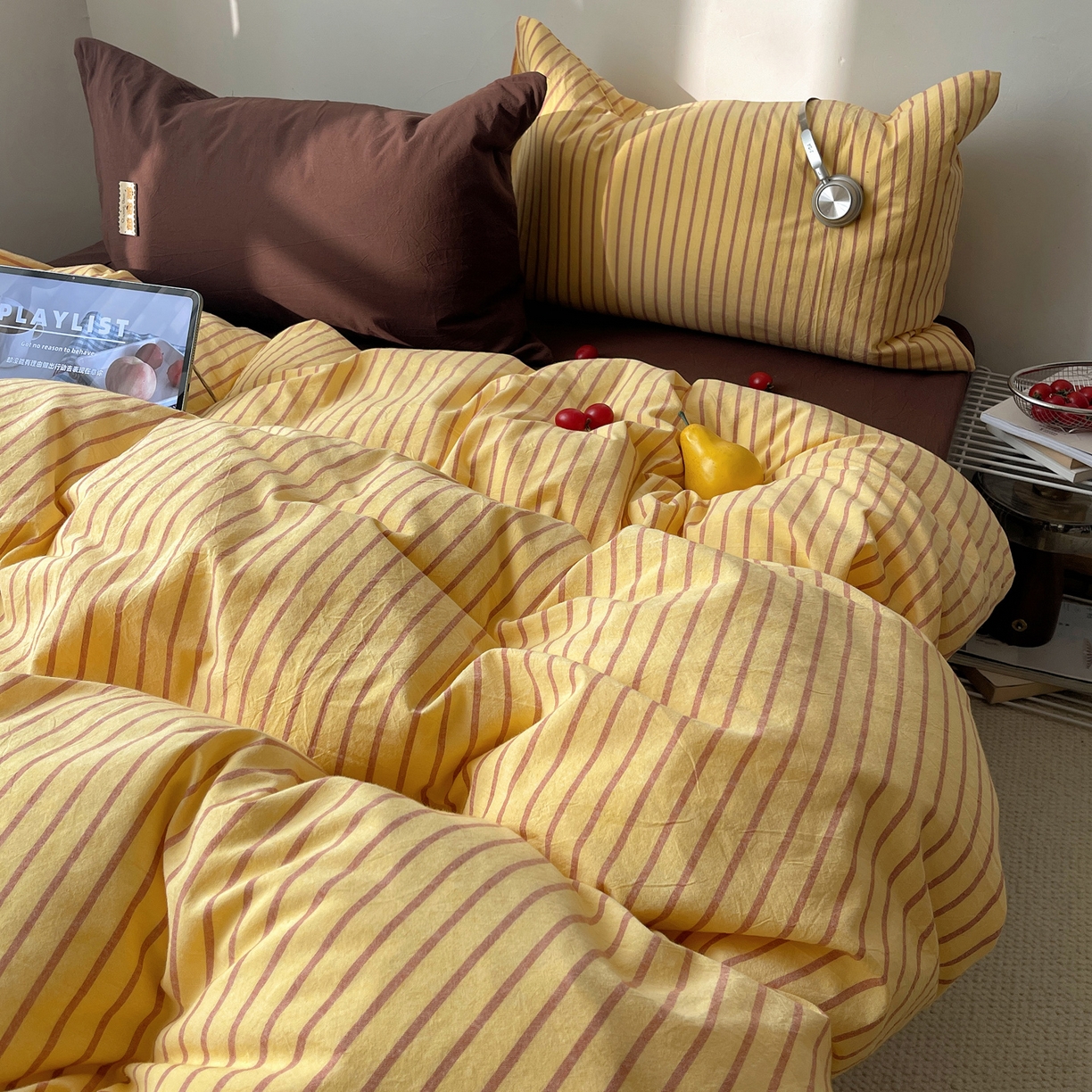 91家纺网 家纺一手货源 找家纺 雅居纺家纺 2026新款全棉色织混搭水洗棉四件套 雾屿-密黄