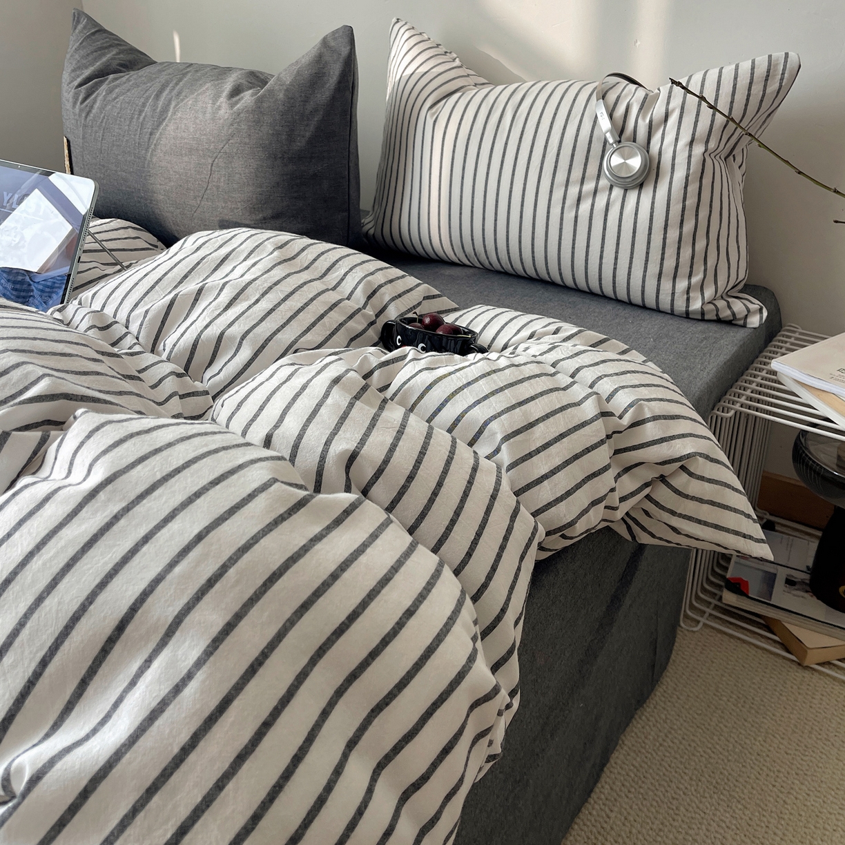 91家纺网 家纺一手货源 找家纺 雅居纺家纺 2026新款全棉色织混搭水洗棉四件套 雾屿-月白