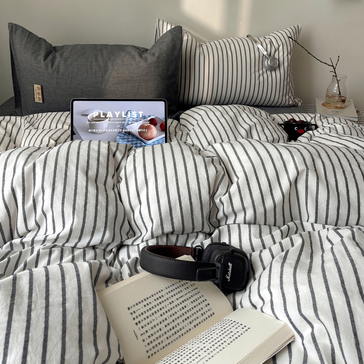 91家纺网 家纺一手货源 找家纺 雅居纺家纺 2026新款全棉色织混搭水洗棉四件套 雾屿-月白