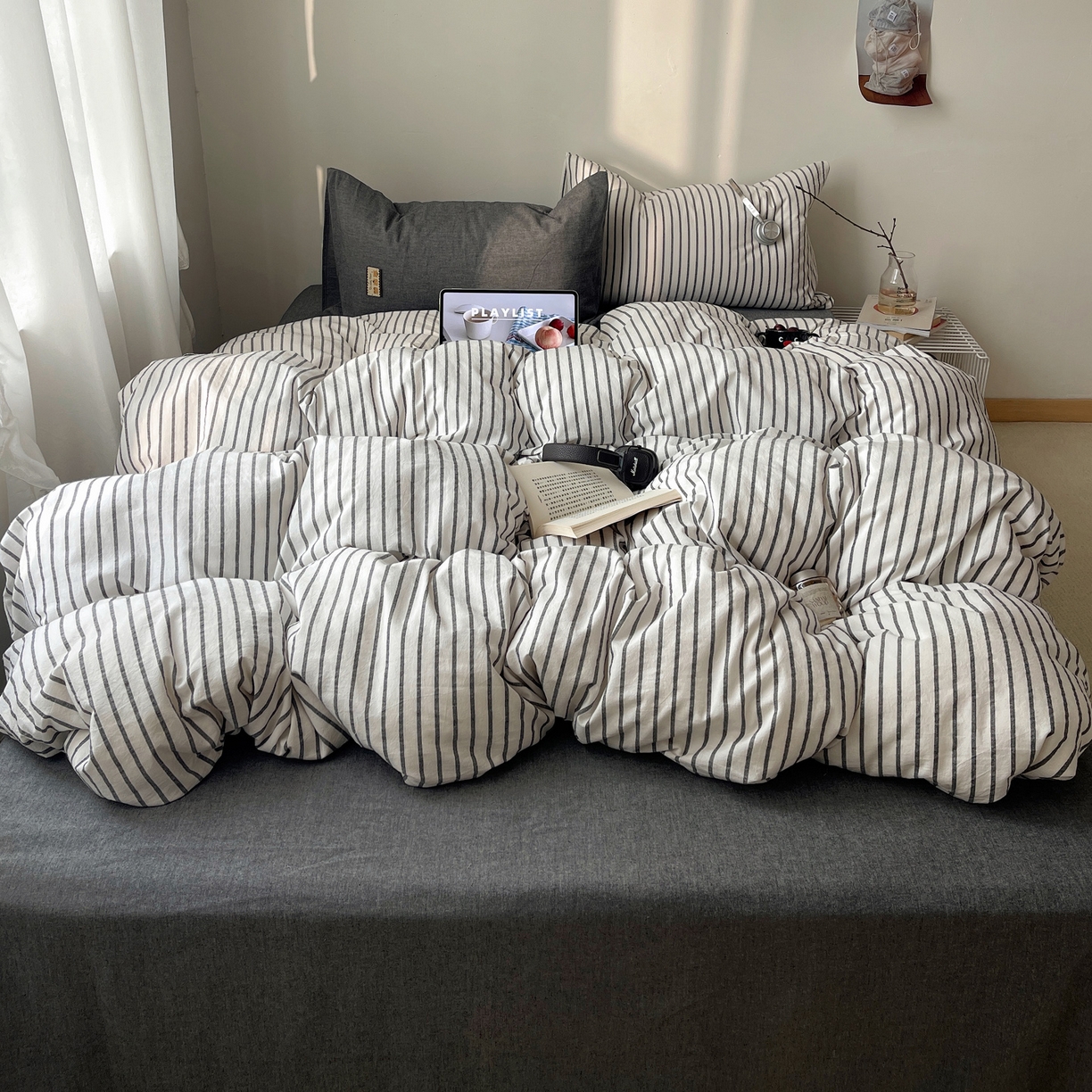 雅居纺家纺 2026新款全棉色织混搭水洗棉四件套 雾屿-月白