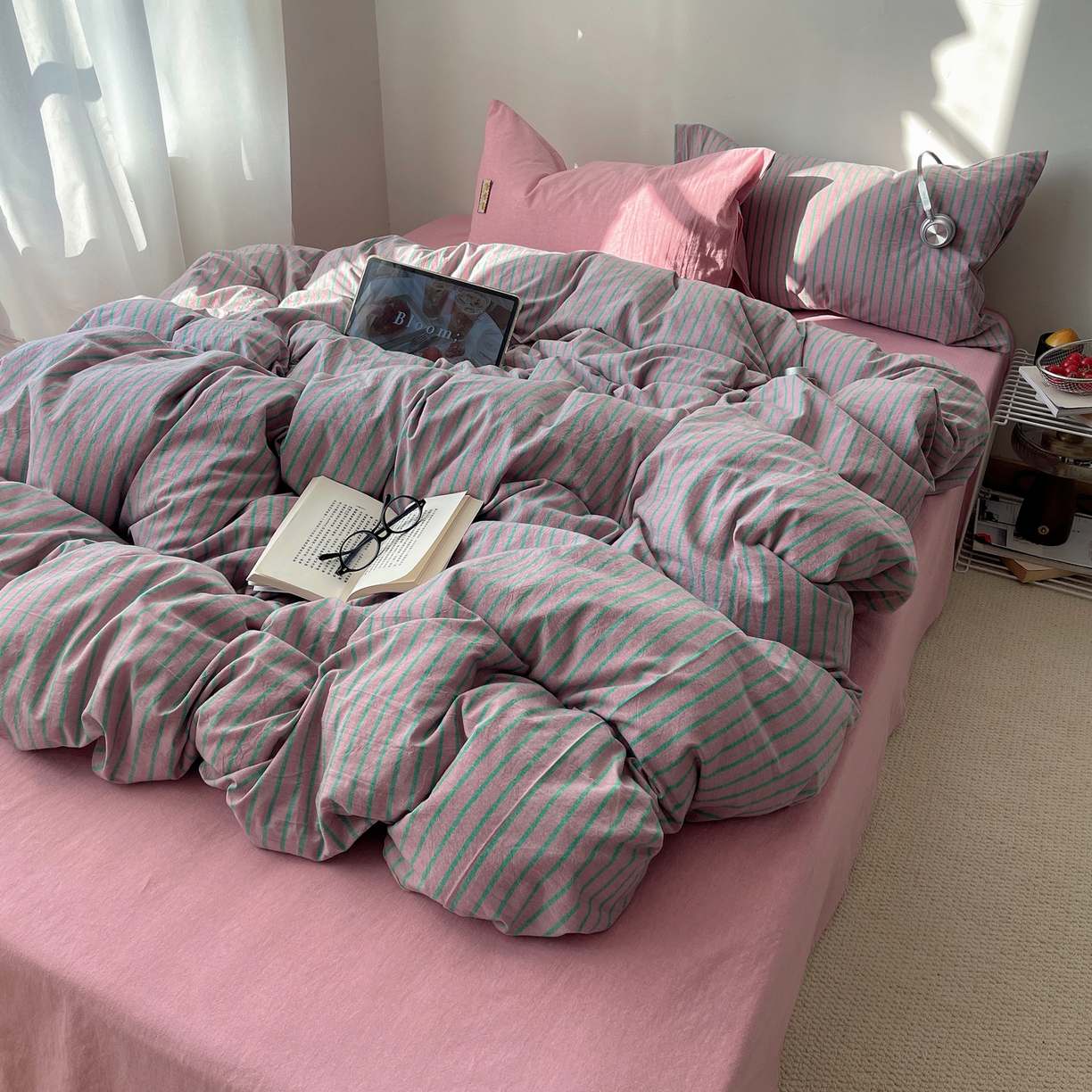 91家纺网 家纺一手货源 找家纺 雅居纺家纺 2026新款全棉色织混搭水洗棉四件套 雾屿-豆沙