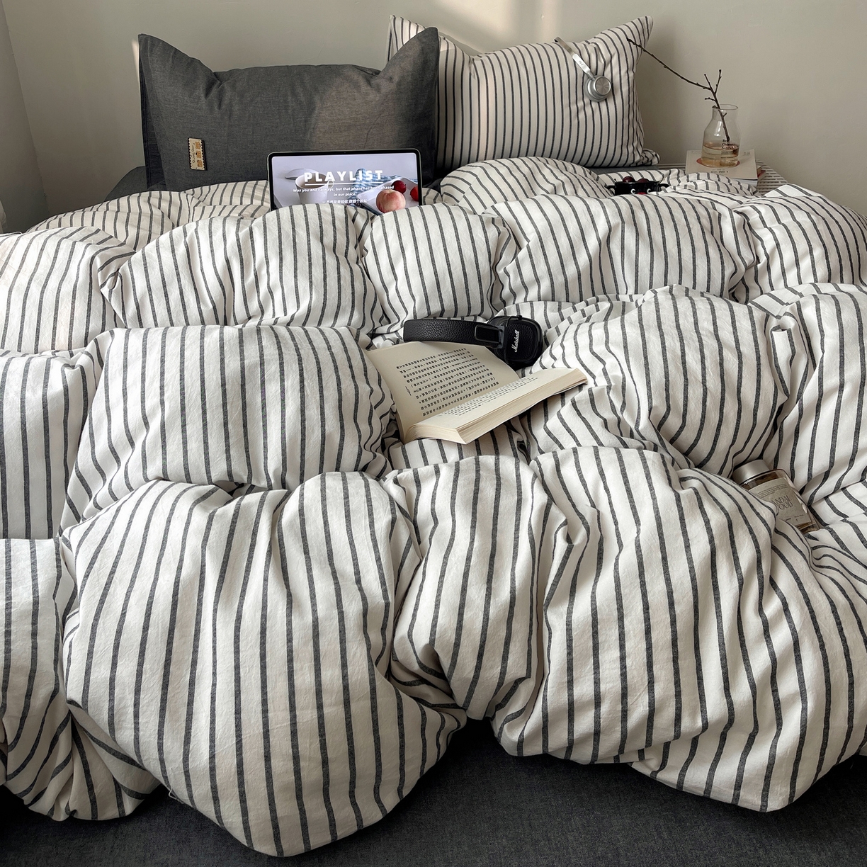 91家纺网 家纺一手货源 找家纺 雅居纺家纺 2026新款全棉色织混搭水洗棉四件套 雾屿-月白