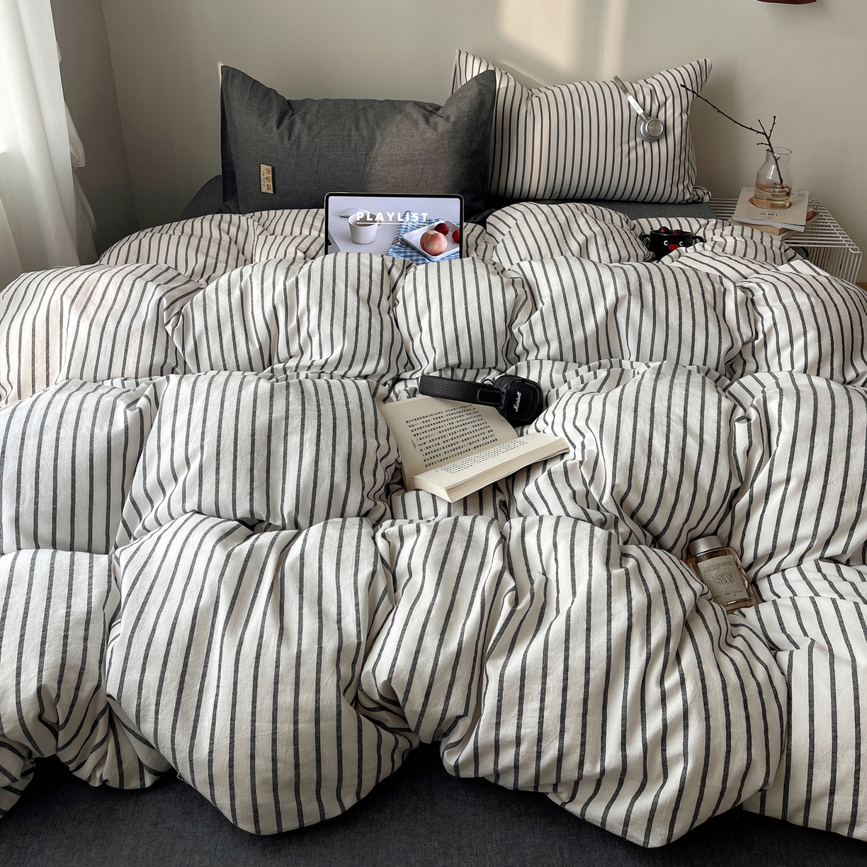 91家纺网 家纺一手货源 找家纺 雅居纺家纺 2026新款全棉色织混搭水洗棉四件套 雾屿-月白